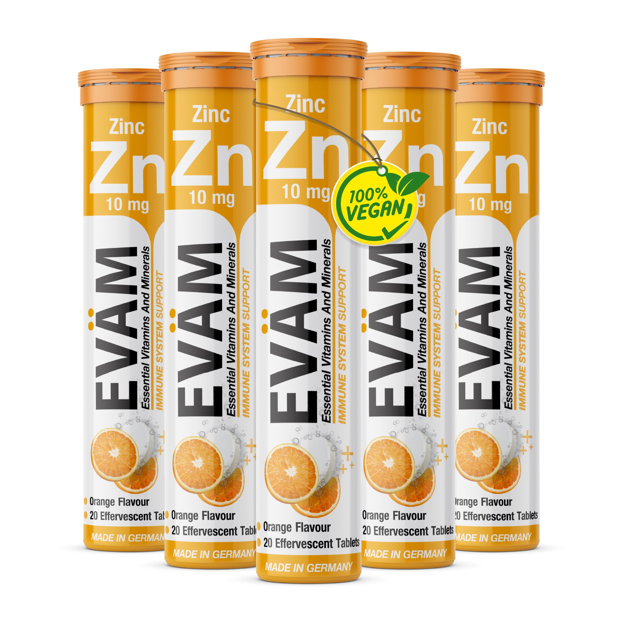 Fünf Packungen Zink-Brausetabletten. Orangefarbene Verpackung mit Text. 100% Vegan-Siegel.