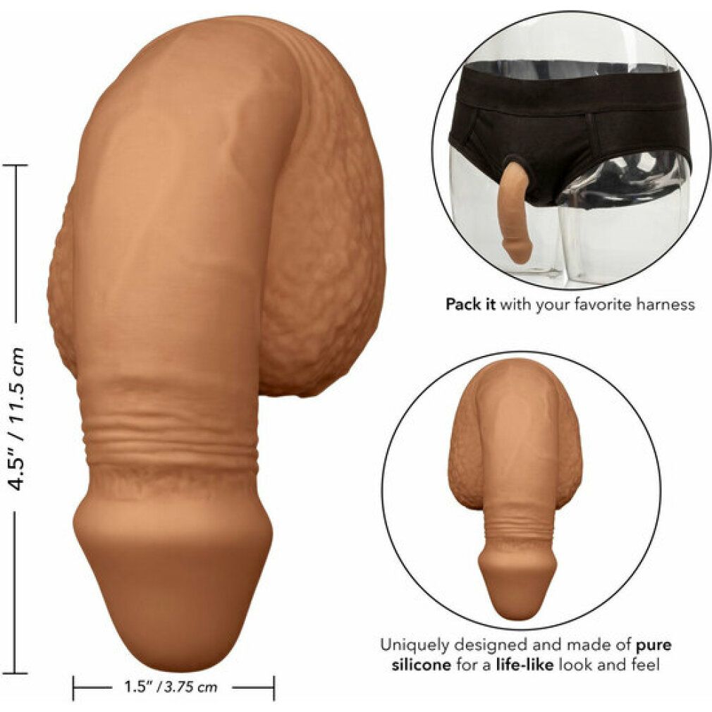 Beigefarbener Dildo mit geriffelter Oberfläche. Mit Zubehör und Maßangaben.