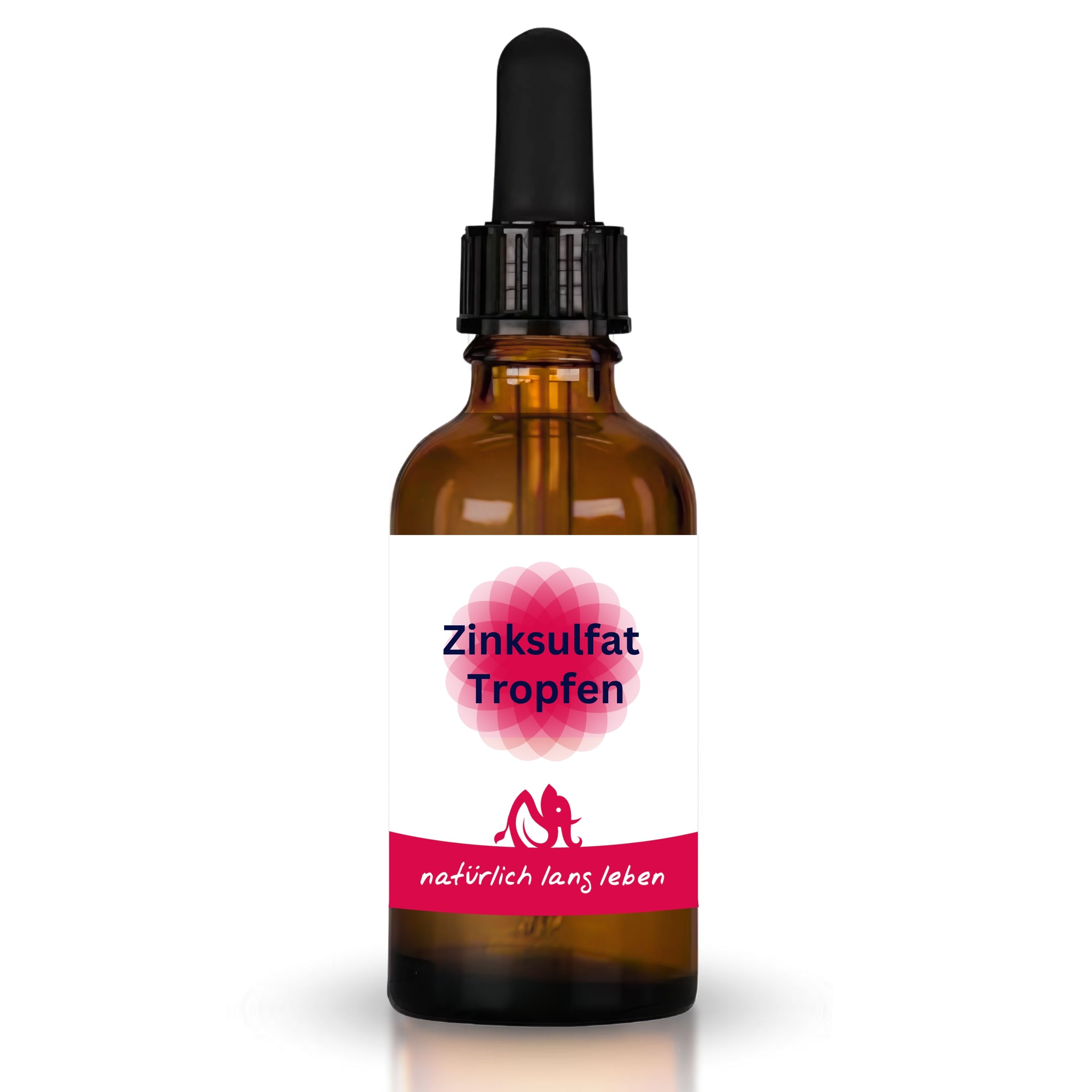 Braune Glasflasche mit Tropfer. Etikett mit "Zinksulfat Tropfen" und Logo. Untertitel: "natürlich lang leben".
