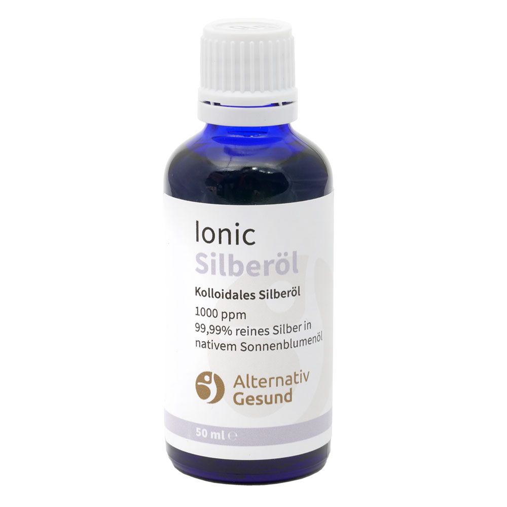 Blaues Glasfläschchen mit weißem Deckel. Beschriftung: Ionic Silberöl, Kolloidales Silberöl, 1000 ppm, Alternativ Gesund. 50 ml.