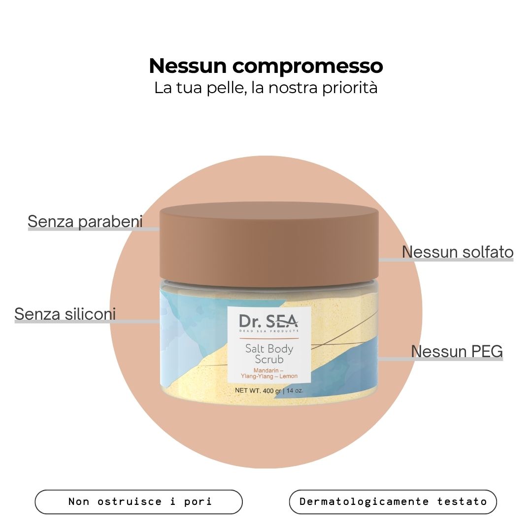 Prodotto con testo. Dr. SEA, Salt Body Scrub, Mandarino, Ylang-Ylang, Limone. Senza parabeni, siliconi, solfati, PEG. Dermatologicamente testato.