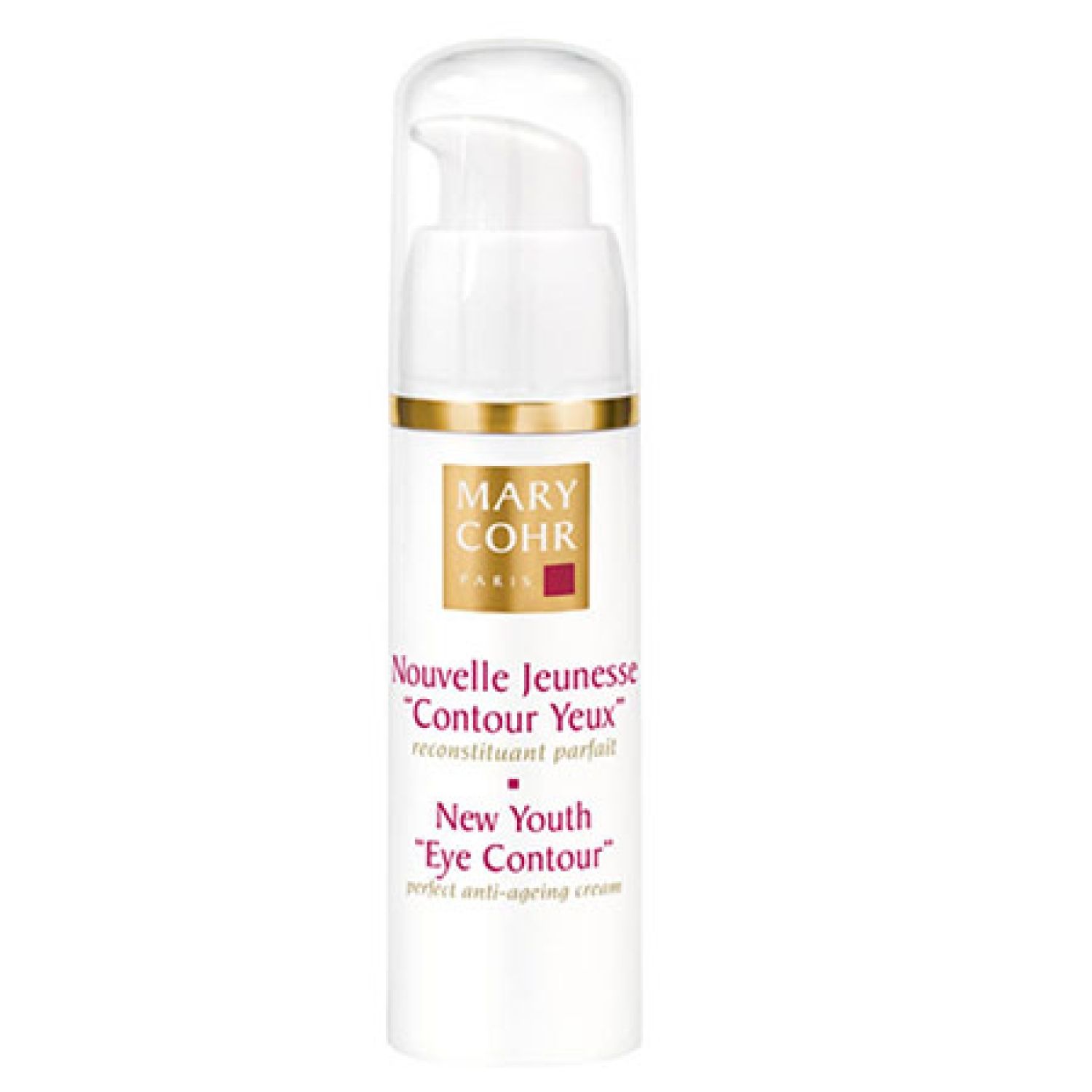 Weiße Flasche mit Pumpe. Goldener Ring und Logo. Text: Mary Cohr Paris, Nouvelle Jeunesse Contour Yeux, New Youth Eye Contour.