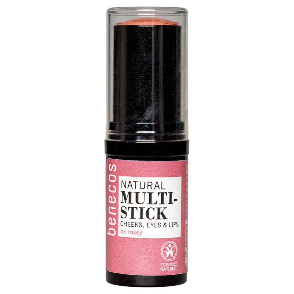 Benecos Natural Multi-Stick 'be rosey' mit Applikator und aufgetragener Farbe.