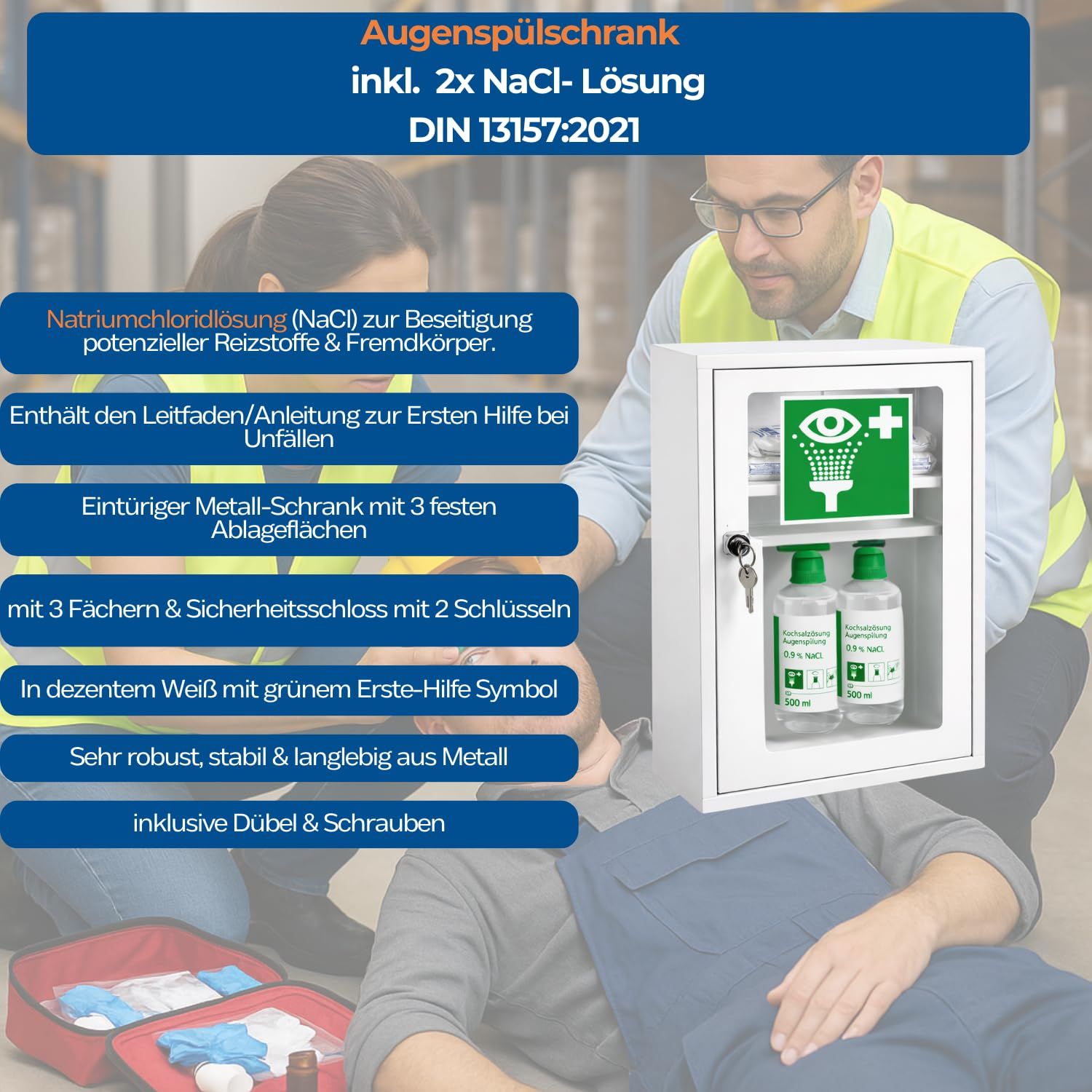 FAP First Aid Products Augenspülschrank mit 2x NaCl 0,9% (500 ml) - Metall, abschließbar, weiß