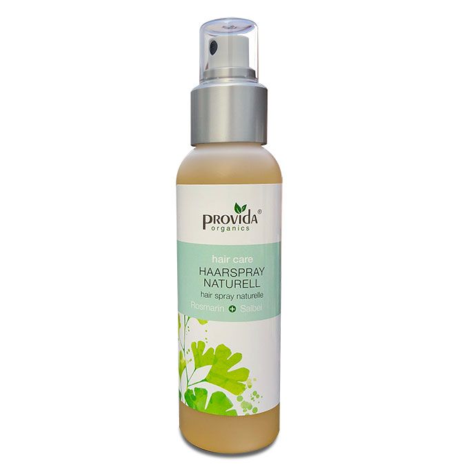 Haarspray-Flasche mit Sprühkopf. Aufschrift: Provida organics, Haarspray Naturell. Grün-weiße Etikett mit Pflanzenmotiv.