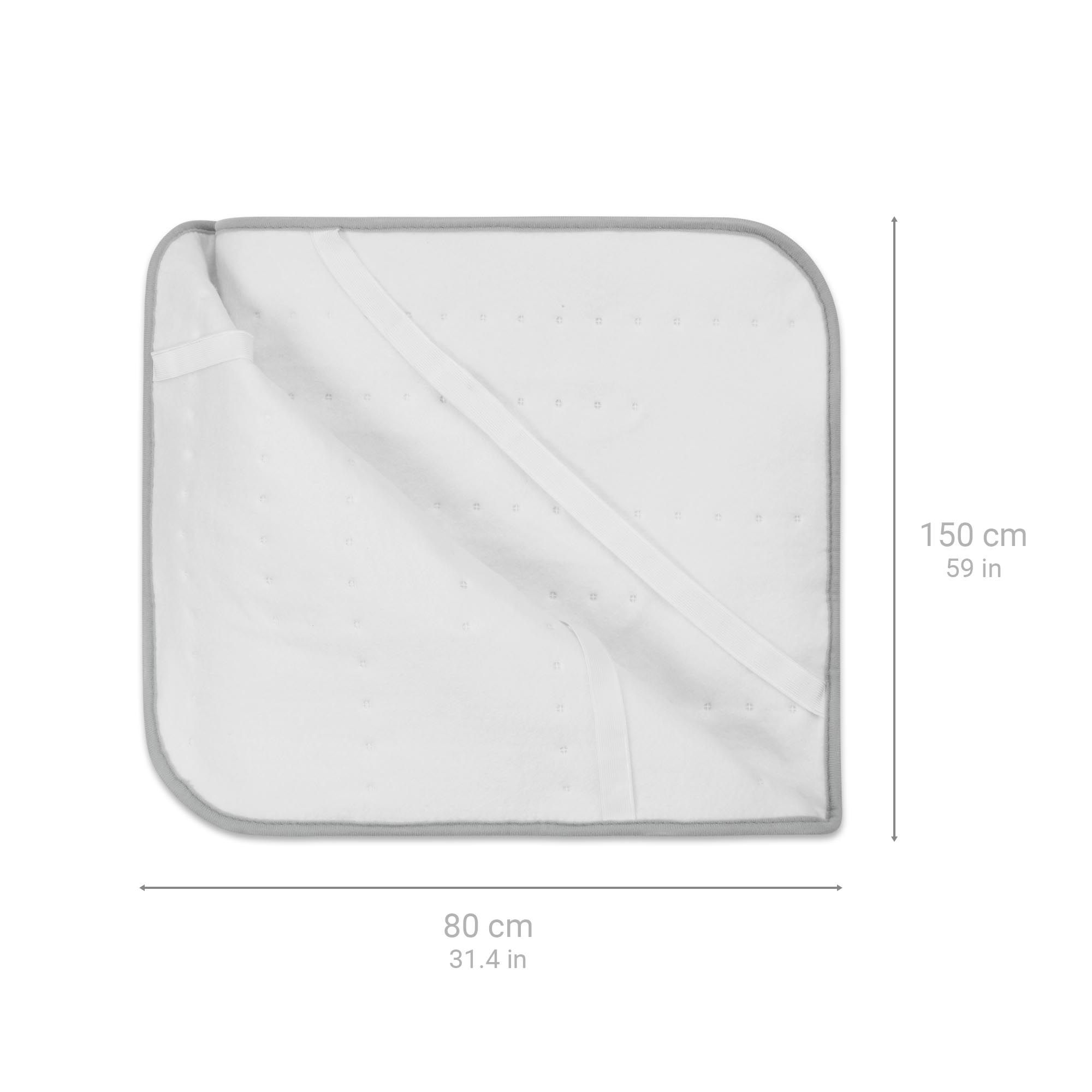 Couverture chauffante blanche avec bord gris. Dimensions : 150 cm x 80 cm.