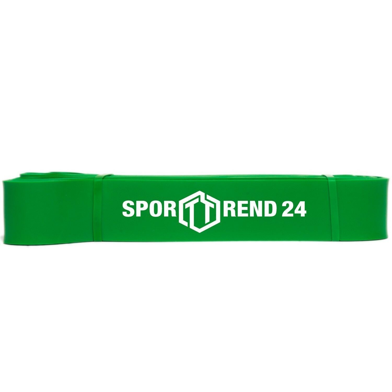 Grünes Fitnessband mit weißem "Sporttrend 24" Logo. Rechteckige Form, aus Gummi oder ähnlichem Material.
