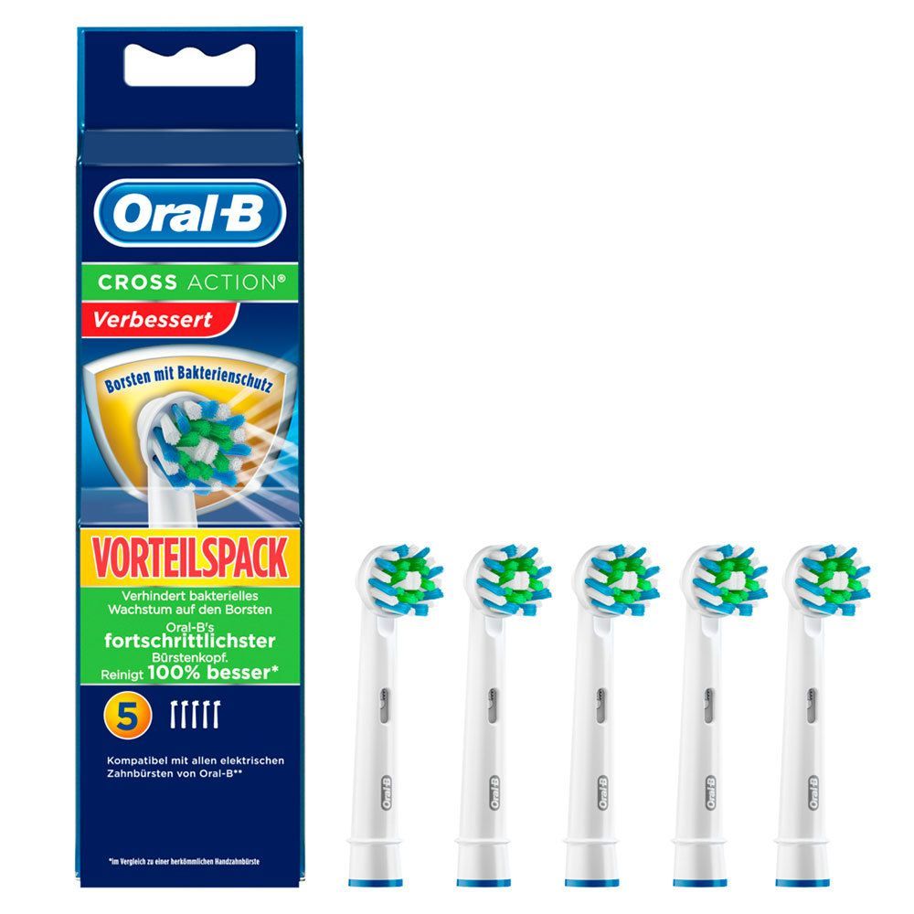 Packung mit 5 Aufsteckbürsten. Blaue Verpackung mit Produktlogo und Text. Einzelne Bürsten mit grünen und blauen Borsten.