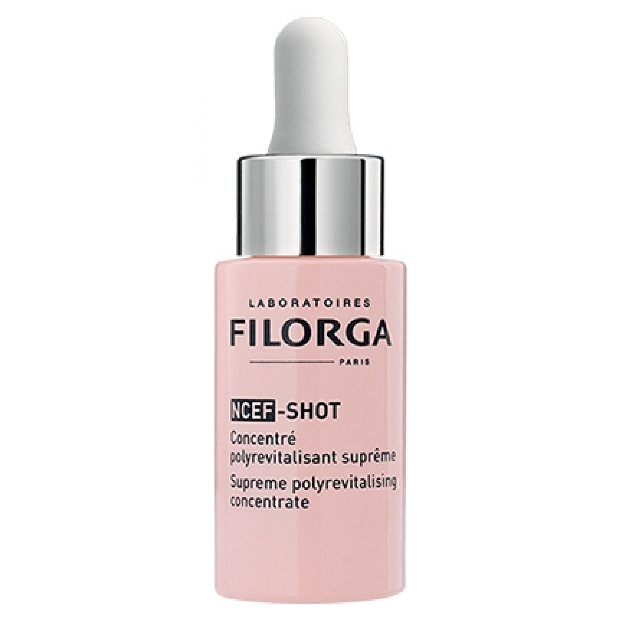 Eine rosa Pipettenflasche mit silberner Kappe und weißem Tropfer, mit der Aufschrift FILORGA NCEF-SHOT.