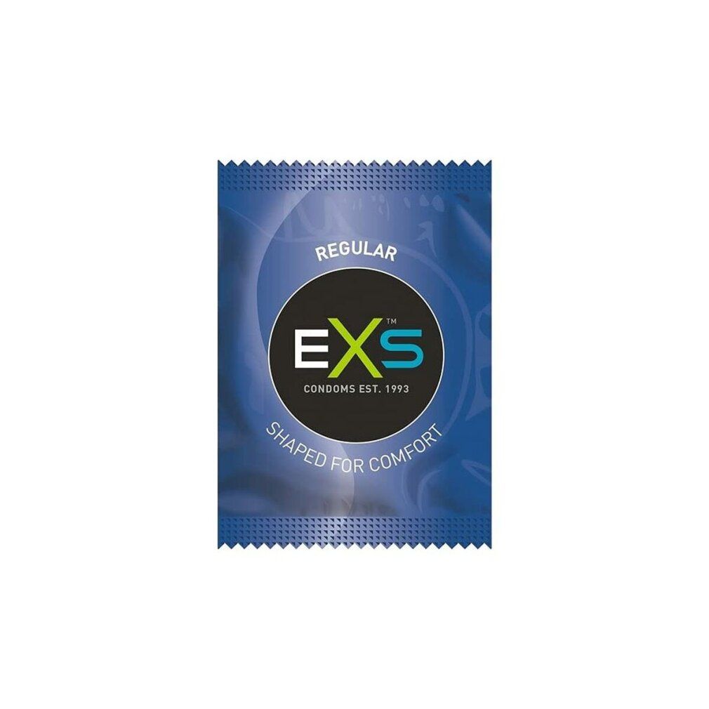 Blaues Kondom-Einzelverpackung mit EXS Logo und Schriftzug 'Regular'.