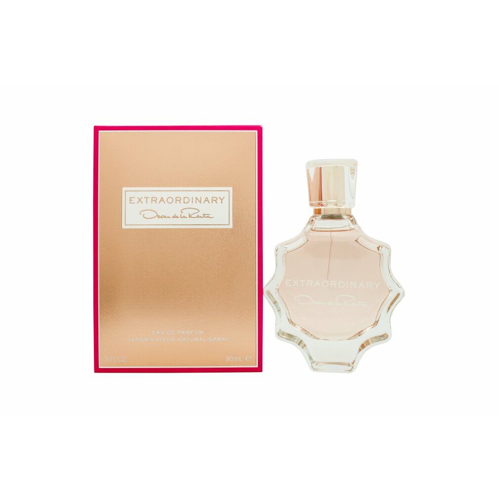 Parfümflakon und Schachtel. Rosa Flüssigkeit, goldfarbener Verschluss. Aufschrift: Extraordinary, Oscar de la Renta.