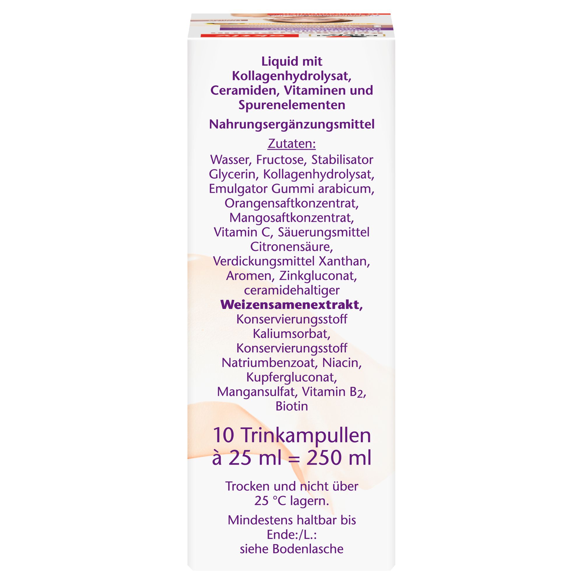 Nahrungsergänzungsmittel in 10 Trinkampullen à 25 ml. Enthält Kollagenhydrolysat, Ceramide, Vitamine und Spurenelemente.
