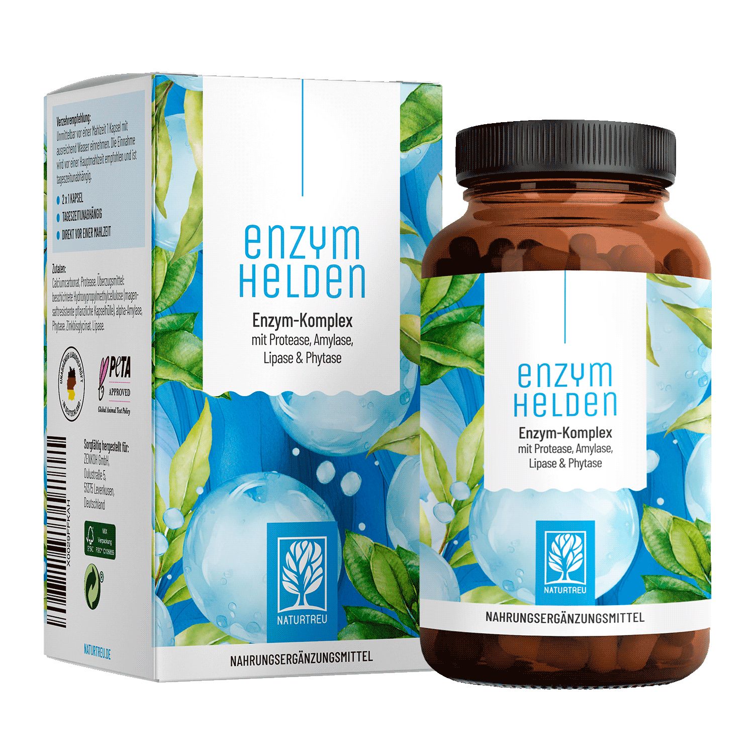 Braune Flasche und Schachtel mit "ENZYMHELDEN"-Logo. Enthält Enzym-Komplex mit Protease, Amylase, Lipase & Phytase. NATURTREU®-Logo.