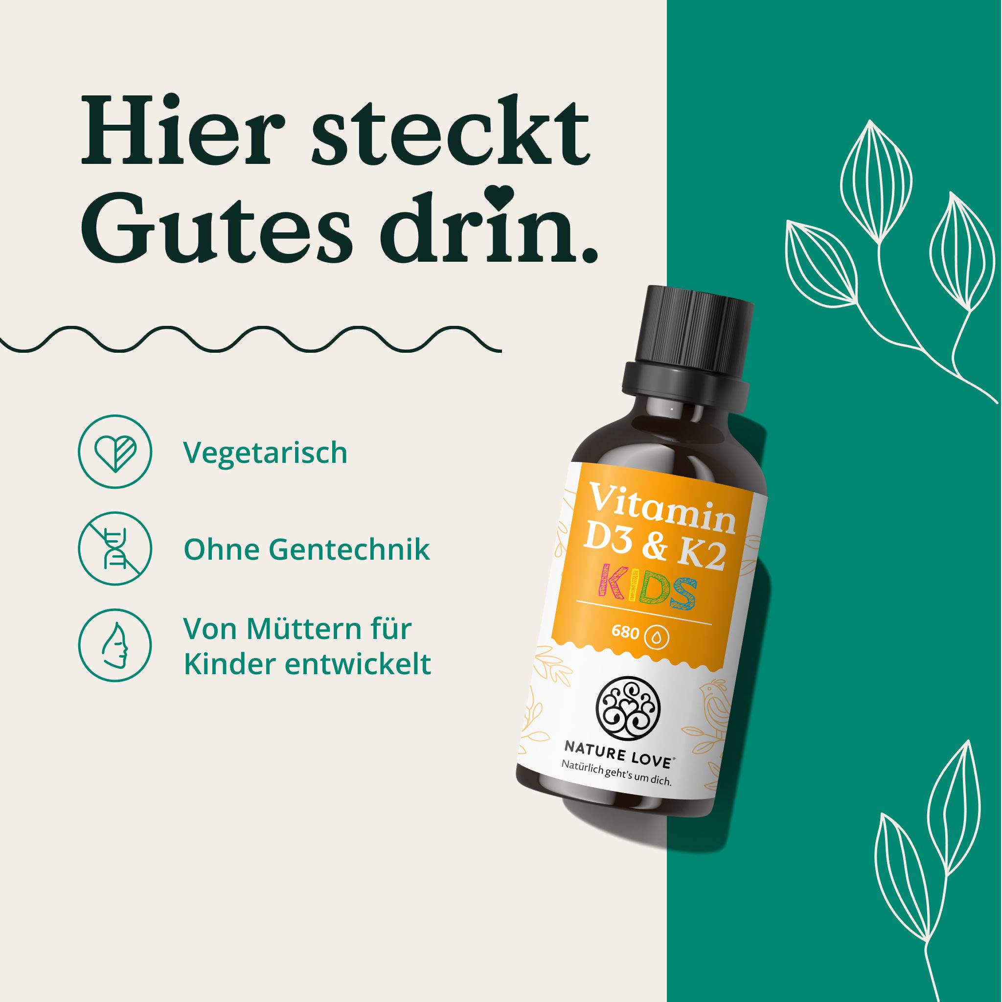 Braunes Glasfläschchen. Links Icons: Herz, Kreuz, Mutter mit Kind. Text: 'NATURE LOVE', 'Hier steckt Gutes drin'.