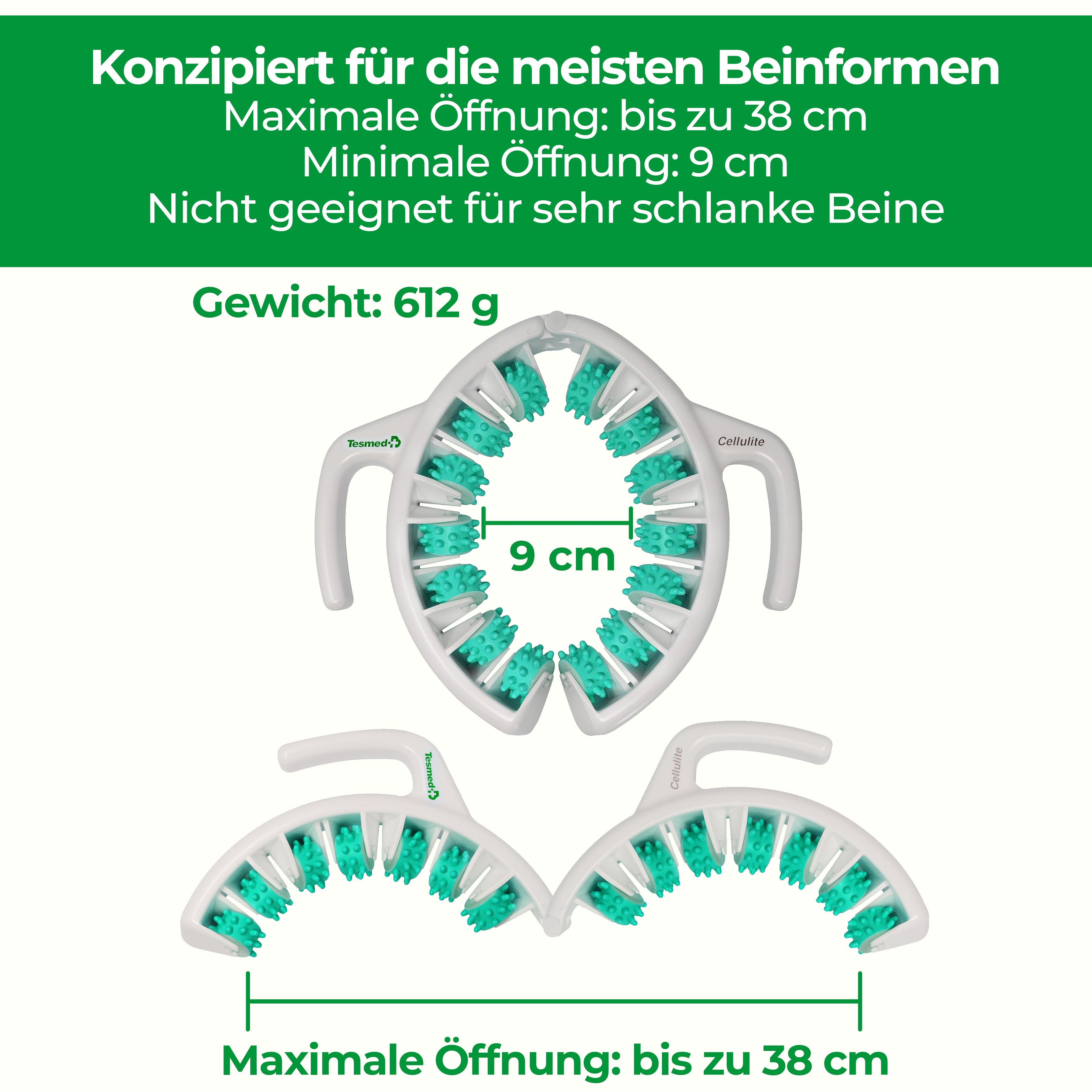 Massagegerät. Text: Konzipiert für die meisten Beinformen. Maximale Öffnung: bis zu 38 cm. Gewicht: 612 g.