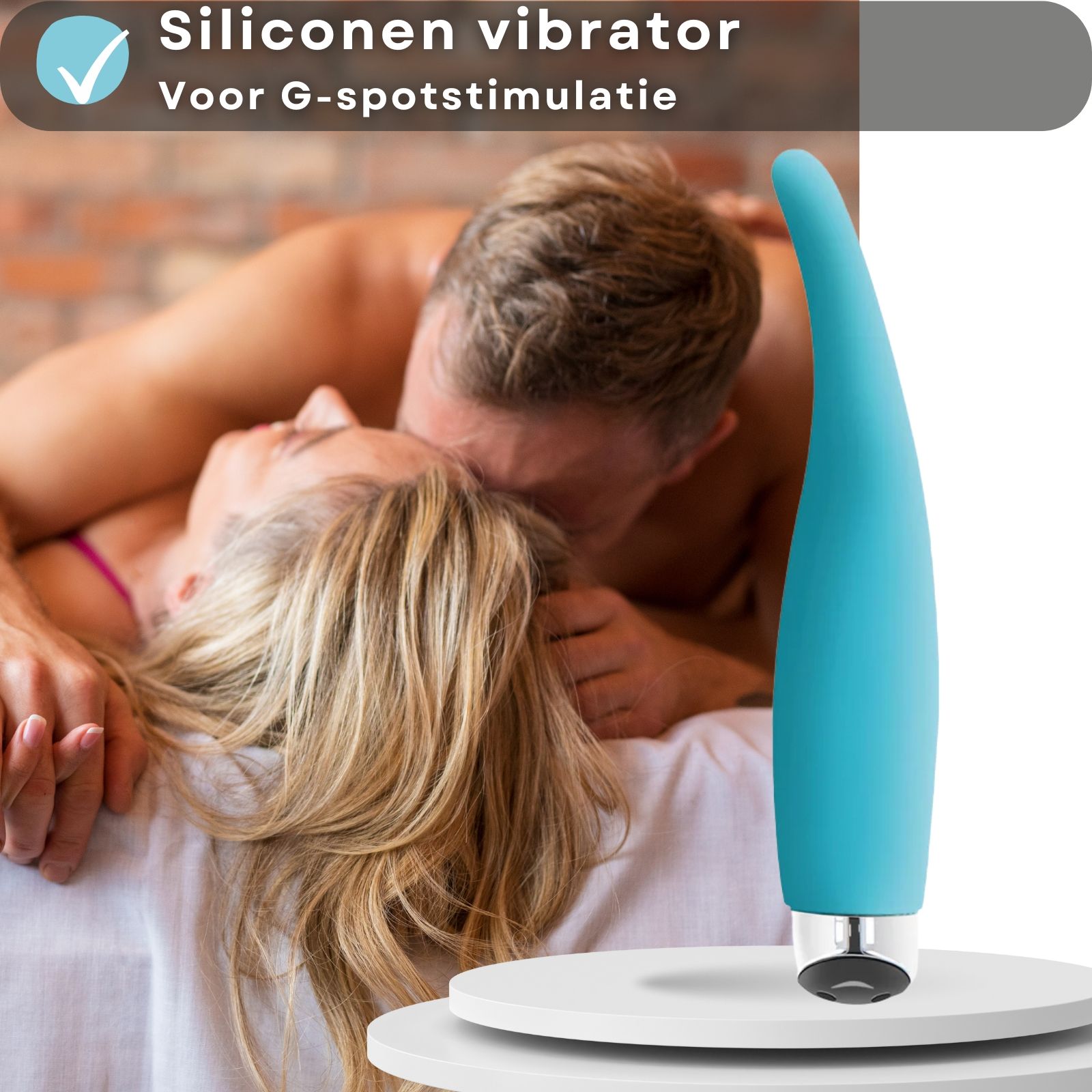 Blauwe vibrator. Tekst: Siliconen vibrator, voor G-spot stimulatie. Koppel op de achtergrond.