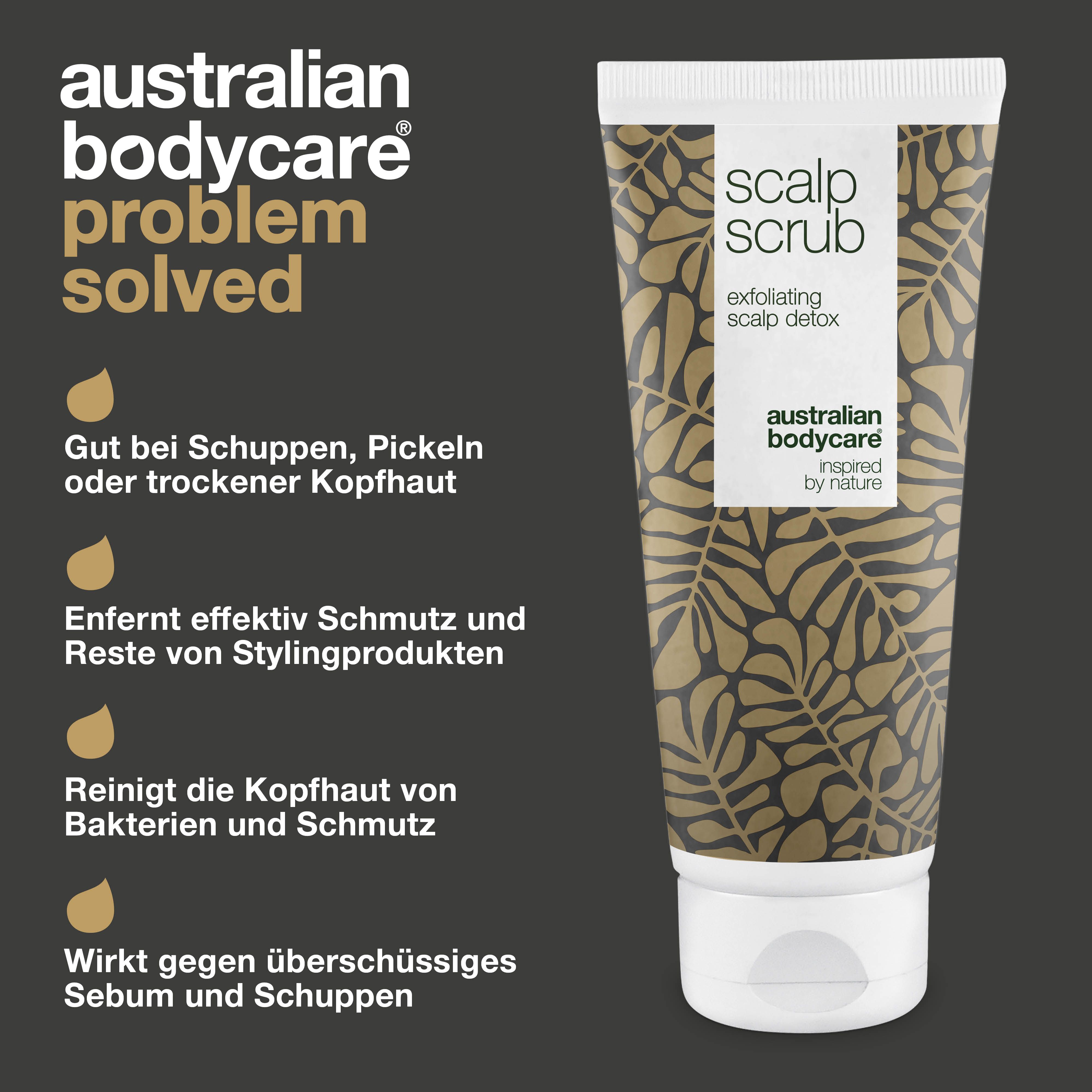 Produkt-Tube. Text: Australian Bodycare, Problem Solved. Gut bei Schuppen, Pickeln oder trockener Kopfhaut.