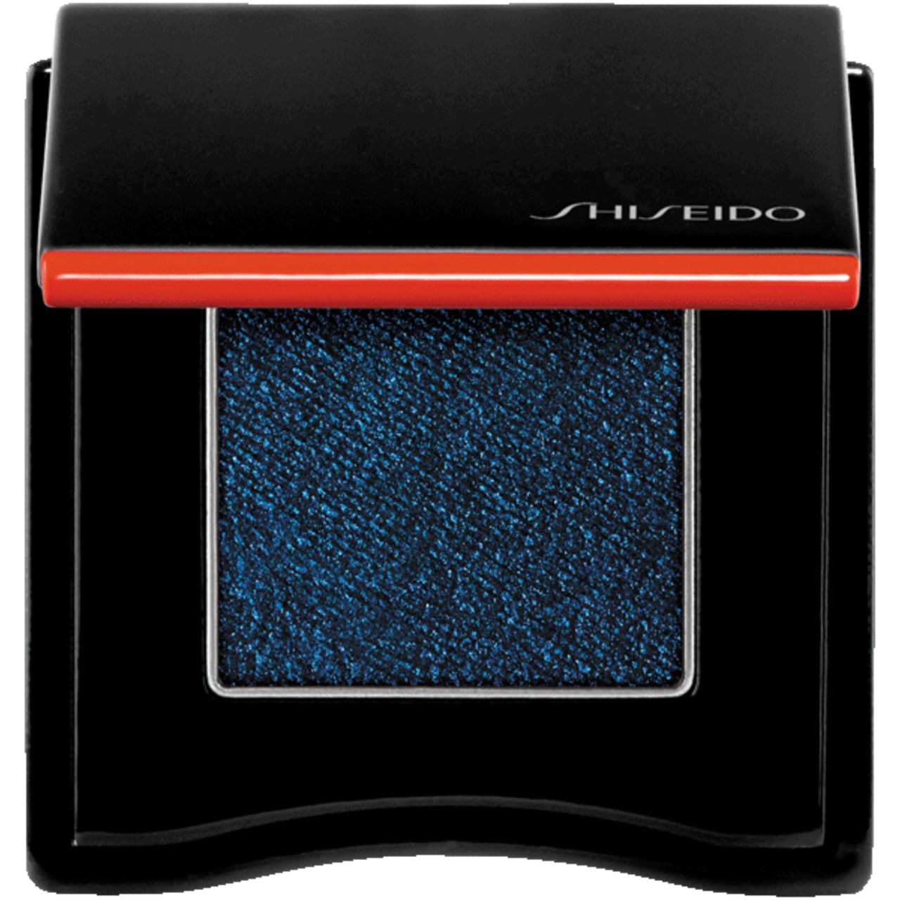 Shiseido Powder Gel Lidschatten. Schwarze Kompaktdose mit blauem Lidschatten. Roter Akzent. Marke sichtbar.