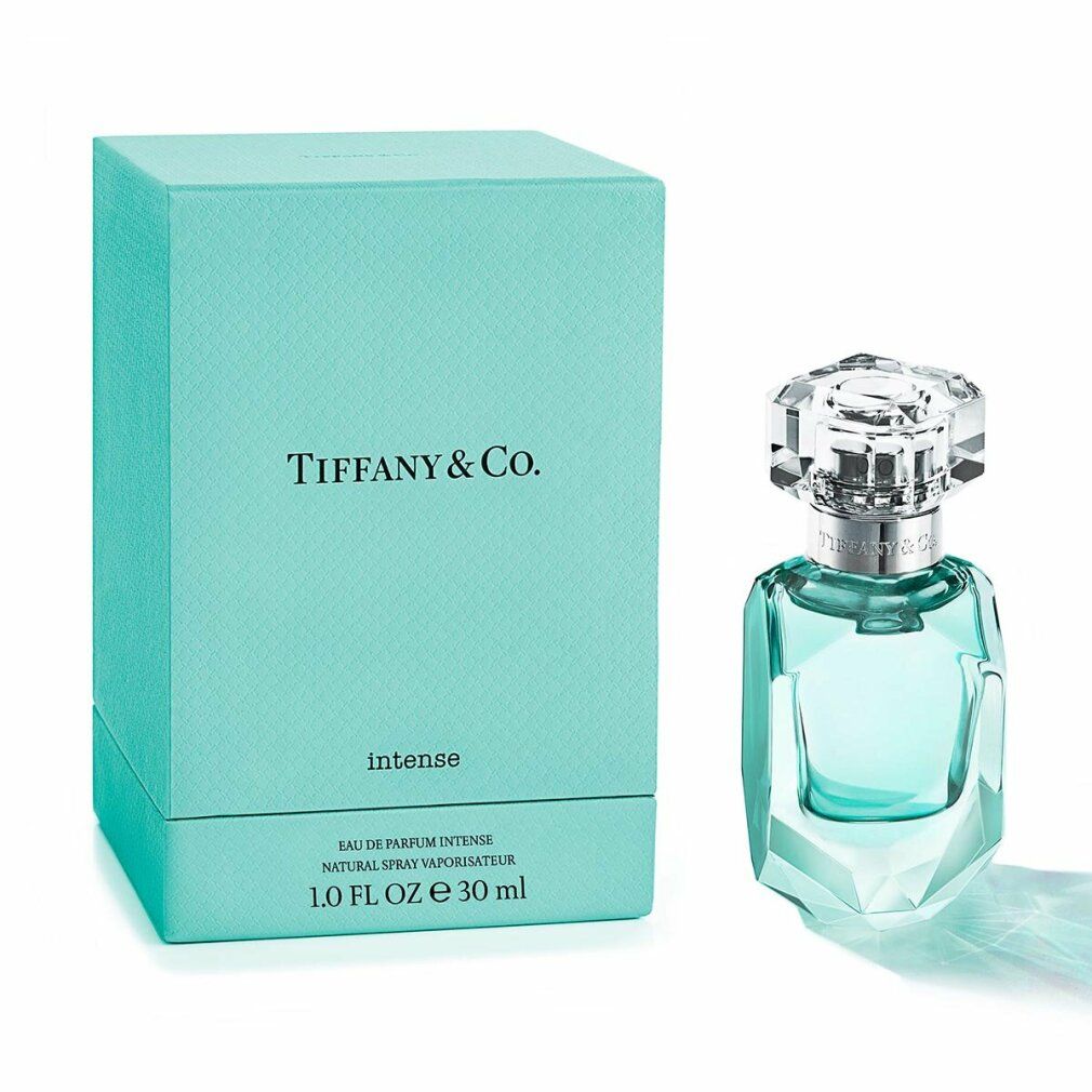 Türkisfarbener Karton und Glasflakon. Aufschrift: Tiffany & Co. intense, 1.0 FL OZ E 30 ml. Flakon mit hellblauer Flüssigkeit.