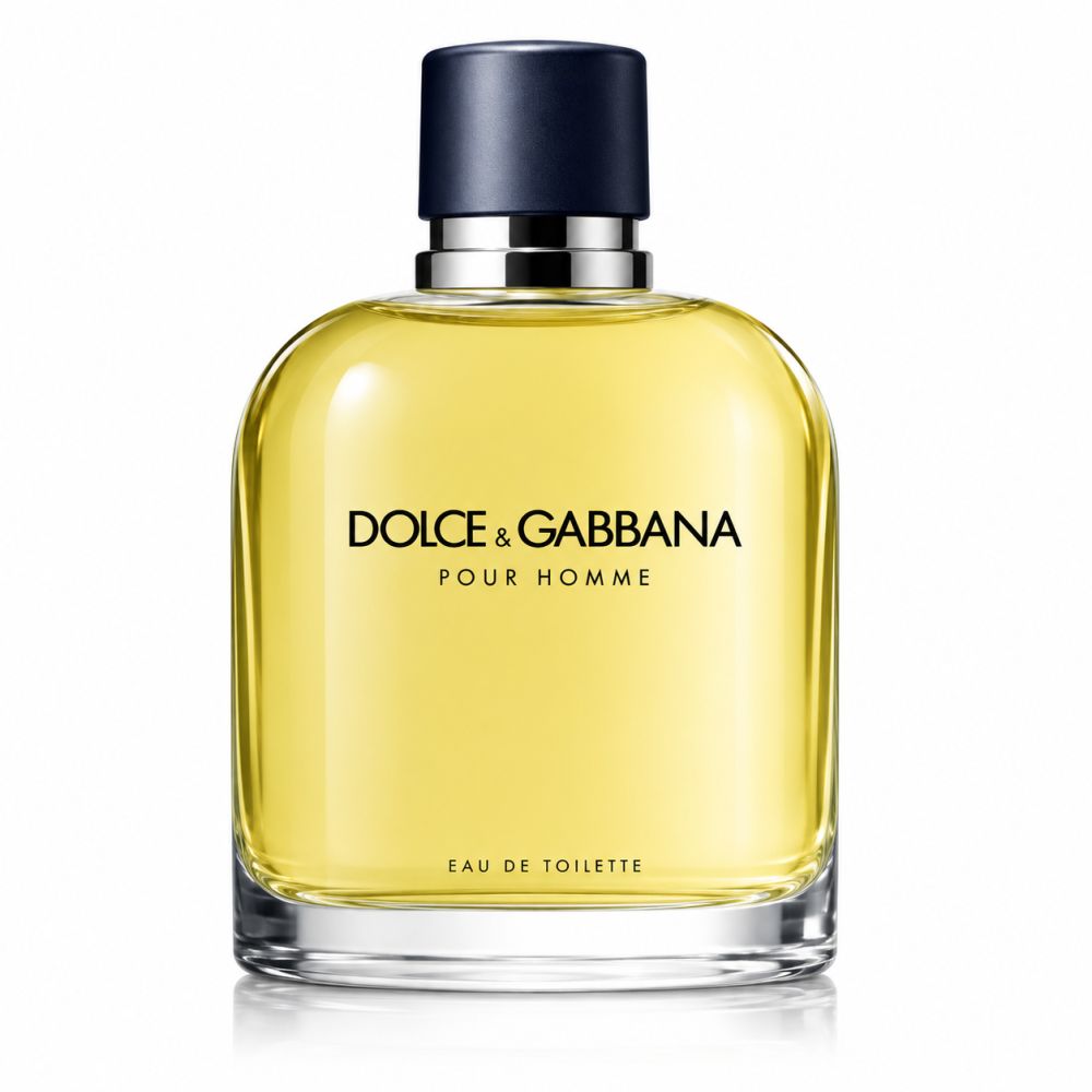 Dolce & Gabbana Pour Homme Eau de Toilette Glasflasche mit blauem Verschluss.