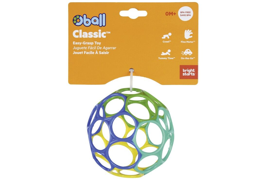 Verpackung mit einem bunten Ball. Auf der Verpackung steht "Oball Classic" und "Easy-Grasp Toy".