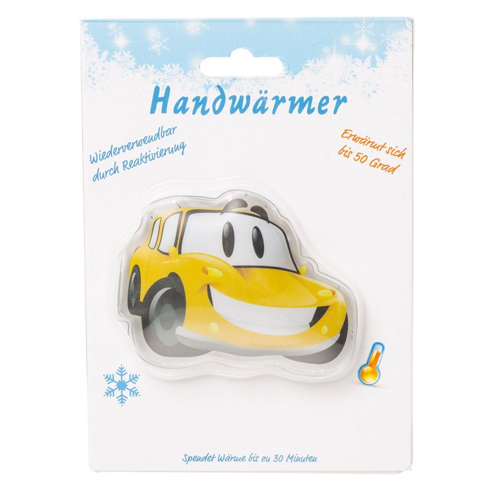 Gelber Handwärmer in Autoform in Blisterverpackung. Text: Handwärmer, Wiederverwendbar, Erwärmt sich bis 50 Grad.