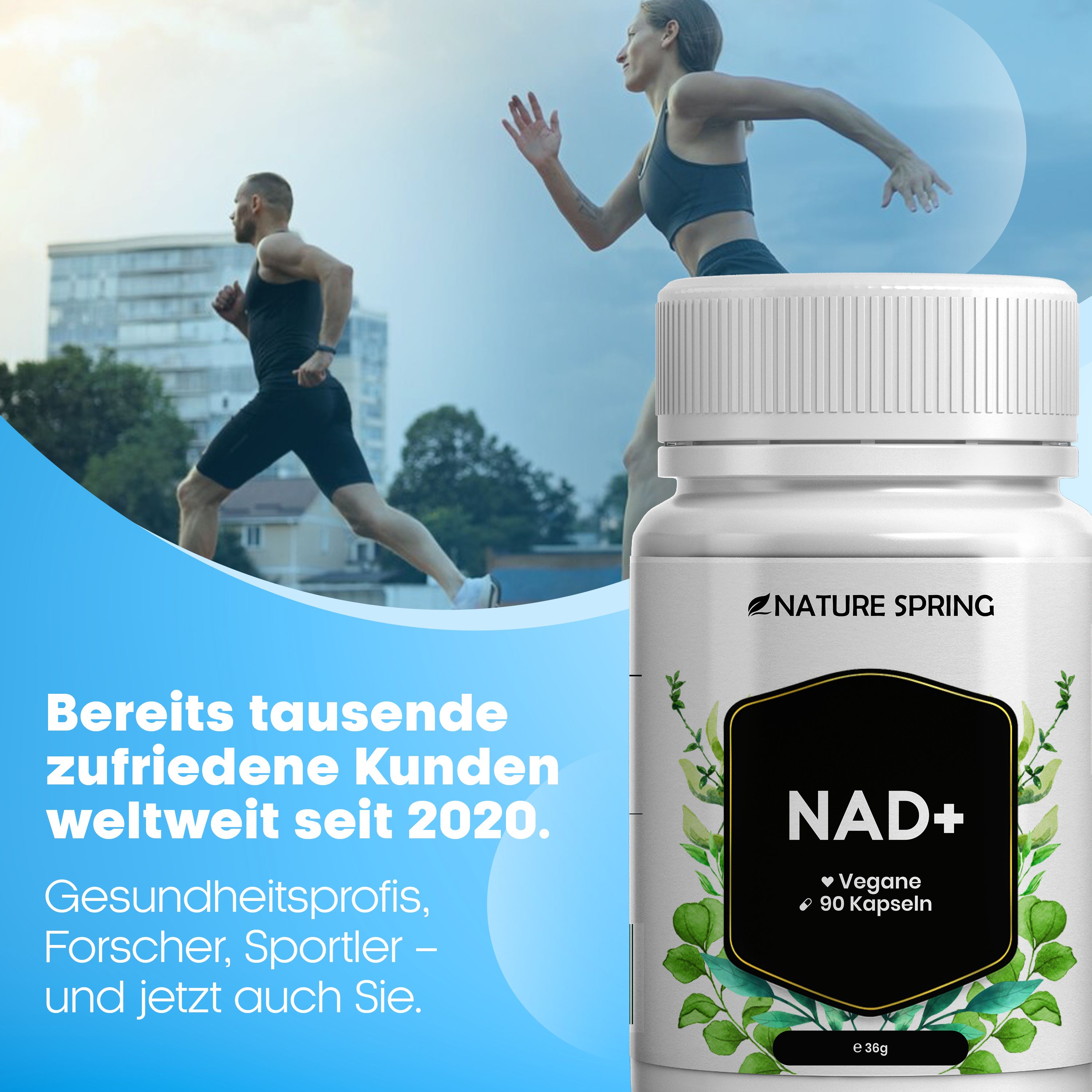Nature Spring NAD+ Kapseln: Läufer im Hintergrund, Produkt im Vordergrund. Für mehr Energie und Zellgesundheit.