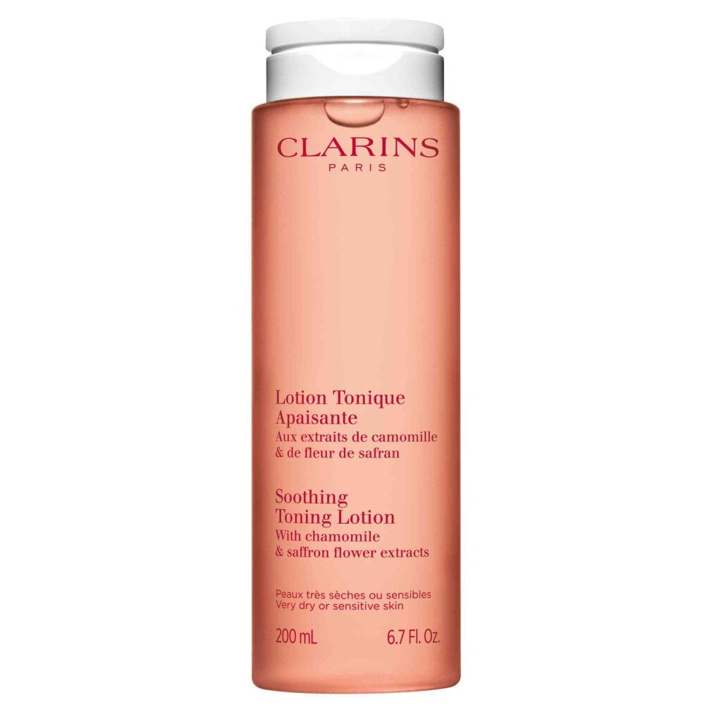 Clarins Beruhigende Tonic Lotion in einer durchsichtigen rosa Flasche mit weißem Klappdeckel. 200 ml.