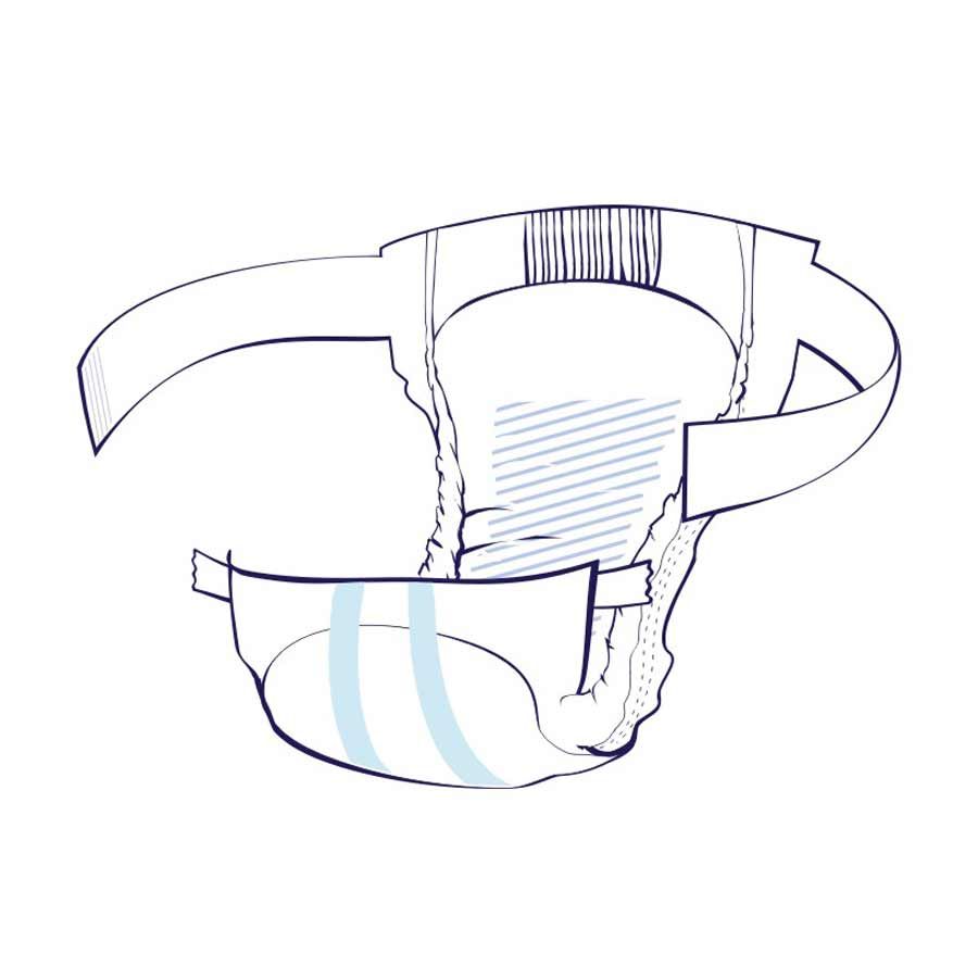 Technische Zeichnung einer Inkontinenzvorlage. Anatomische Form, mit Hüftbund und Klebestreifen. Blaue Streifen.
