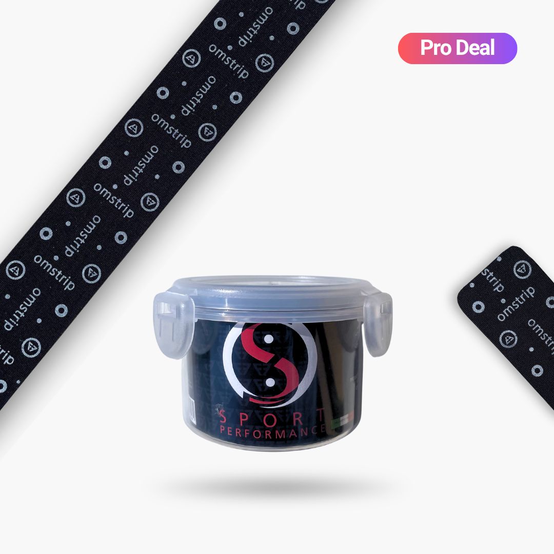 Behälter mit Omstrip-Rolle und zwei einzelnen Pflastern. Schwarzes Band mit weißen Punkten. Pro Deal-Etikett.