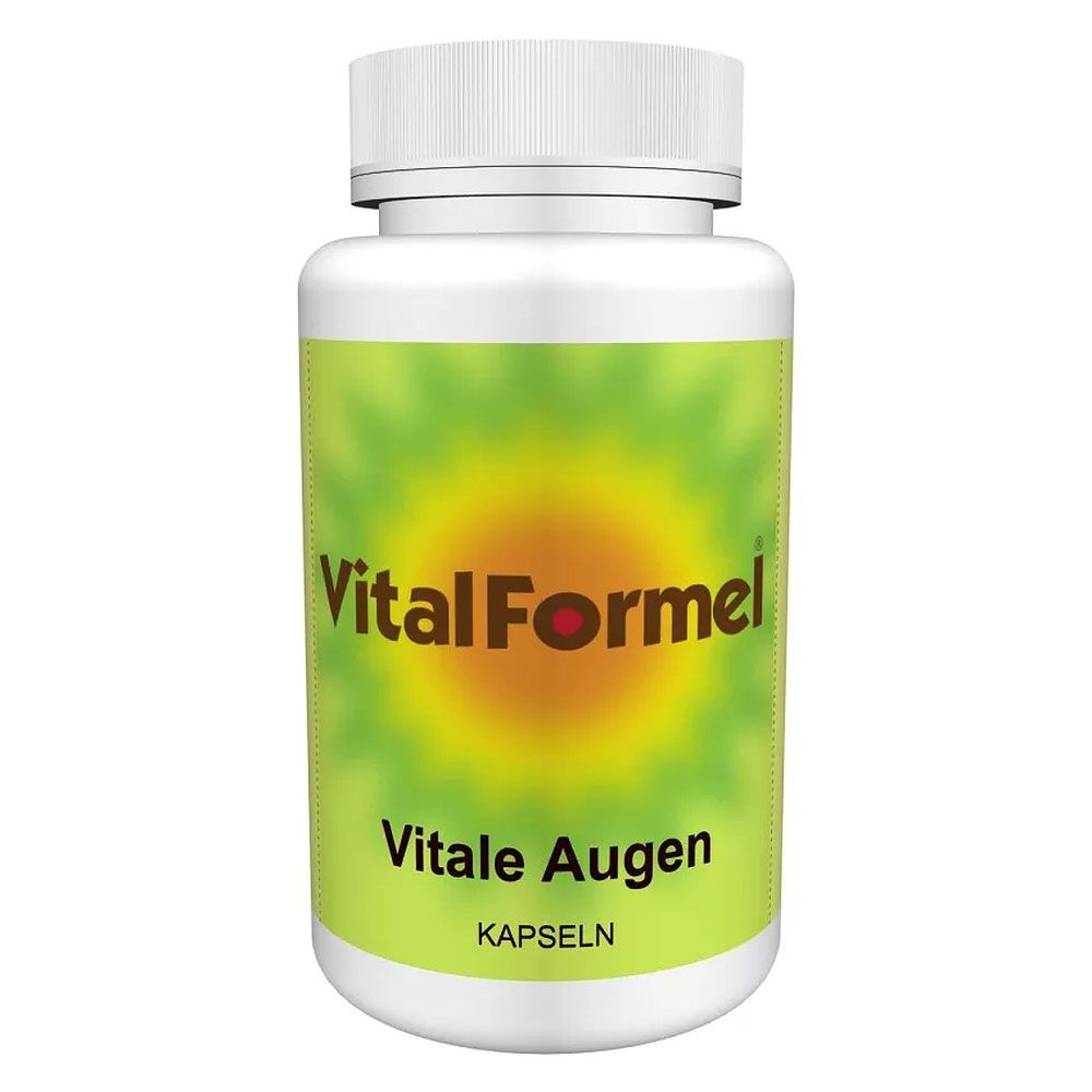 Weiße Kapsel-Dose mit grün-gelbem Etikett. Aufschrift: VitalFormel, Vitale Augen, Kapseln.