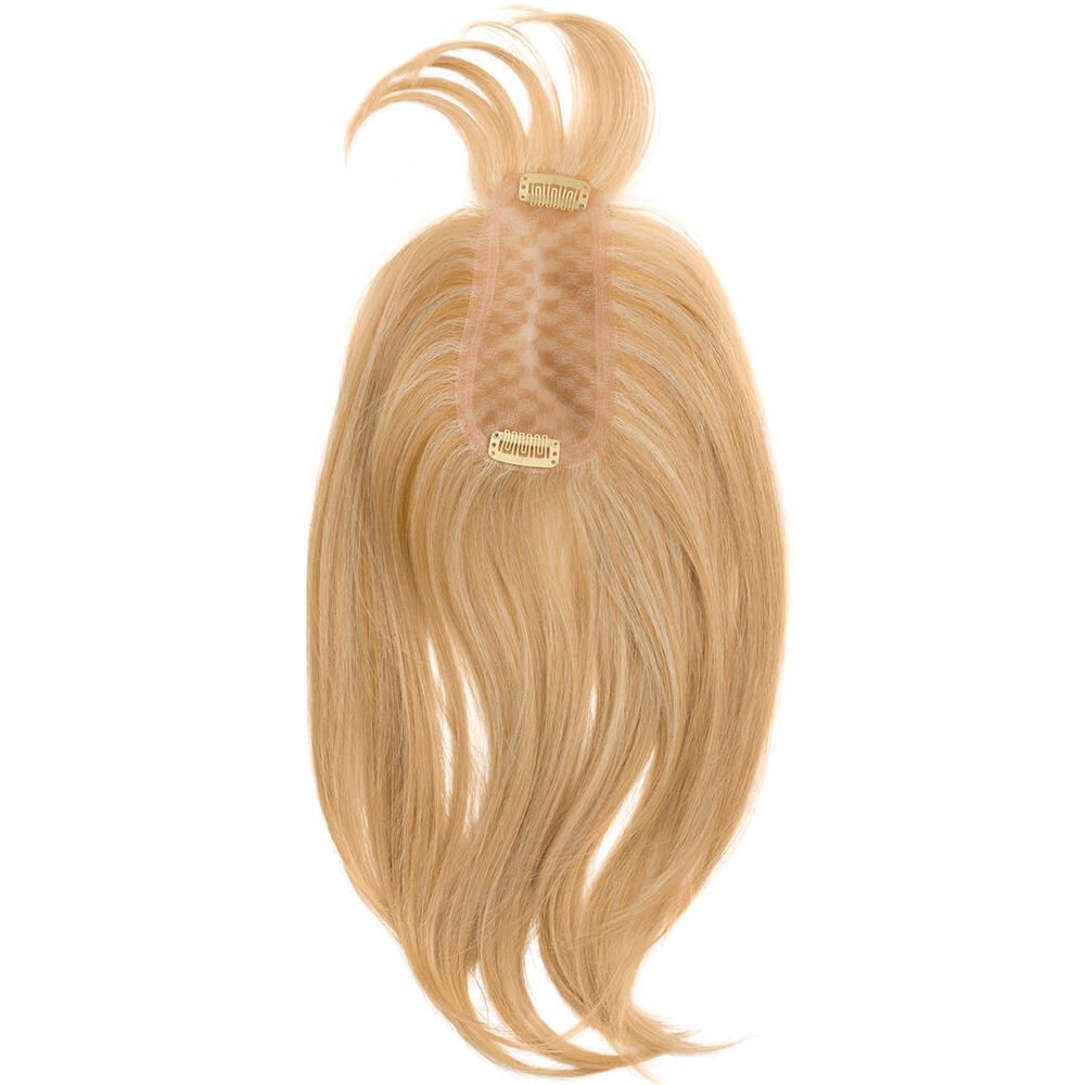 Blondes Haarteil mit Clips. Blick von oben. Die Clips sind goldfarben.