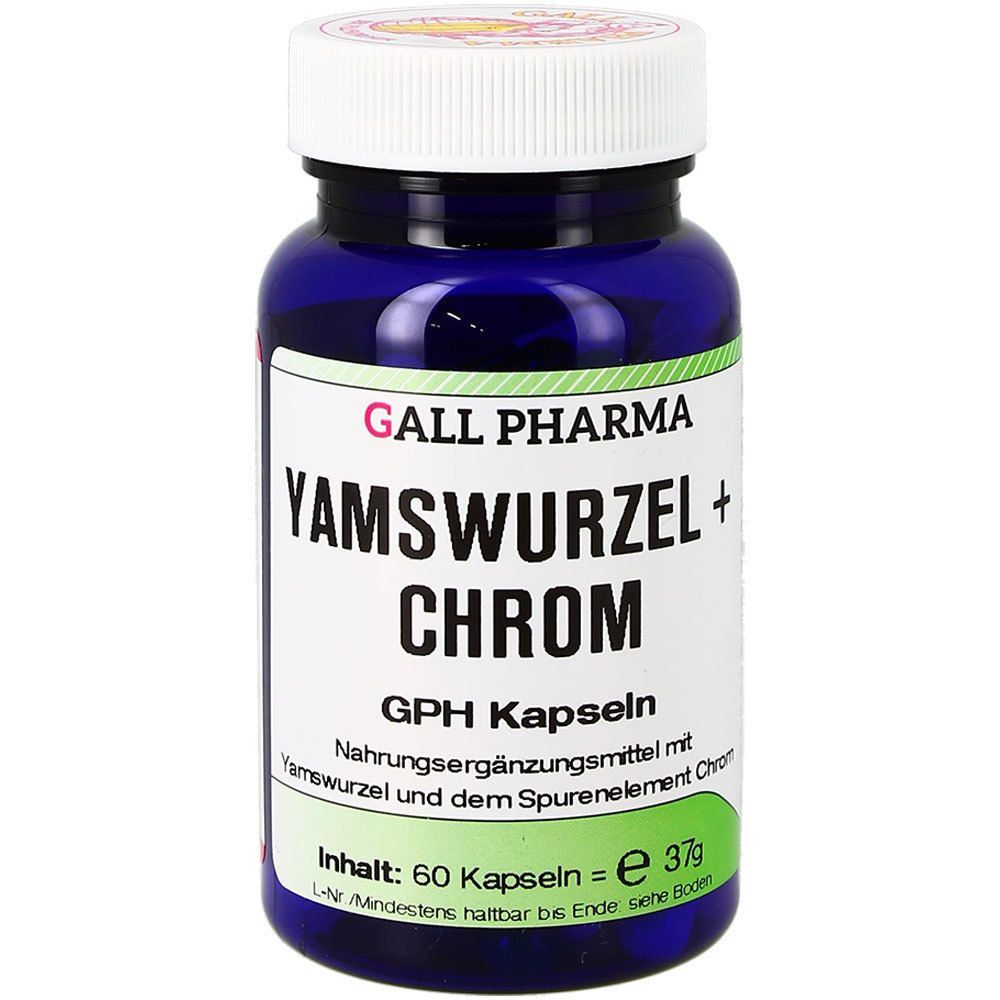 Blaue Flasche mit weißem Deckel. Aufschrift: GALL PHARMA Yamswurzel + Chrom GPH Kapseln. Inhalt: 60 Kapseln. Hersteller.