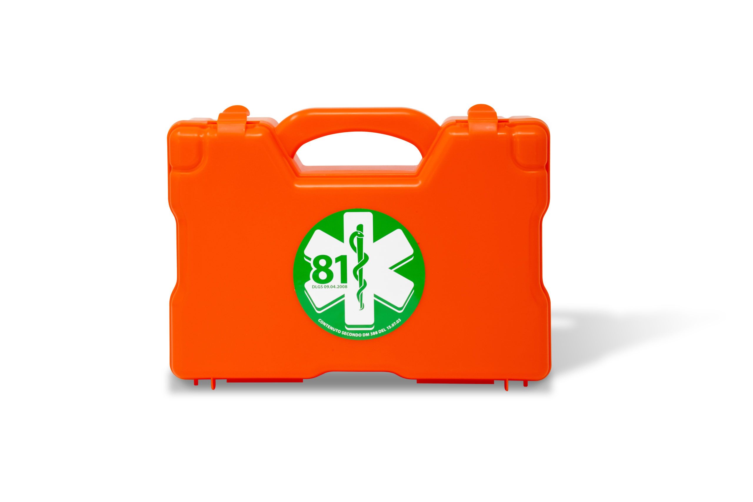 Orange Erste-Hilfe-Box mit grünem Emblem und weißem medizinischen Symbol. Griff oben.
