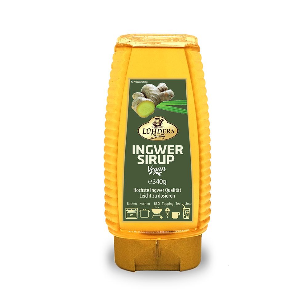 Gelbe Flasche mit Ingwersirup-Etikett. Aufschrift: Ingwer Sirup Vegan. 340g. Mit Ingwer-Abbildung.