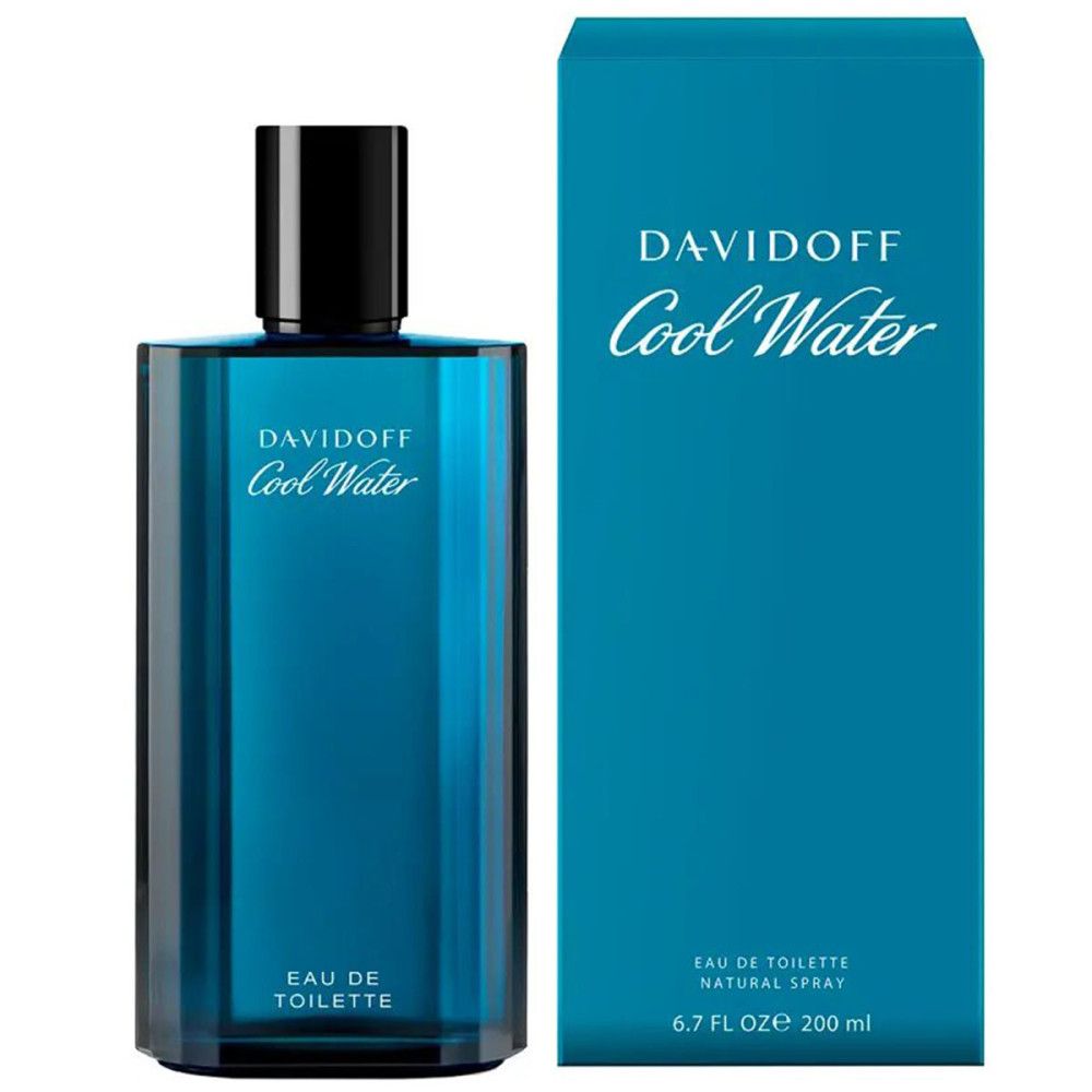 Davidoff Cool Water Eau de Toilette. Blaue Flasche und Verpackung. Schwarzer Deckel. Text: Eau de Toilette.