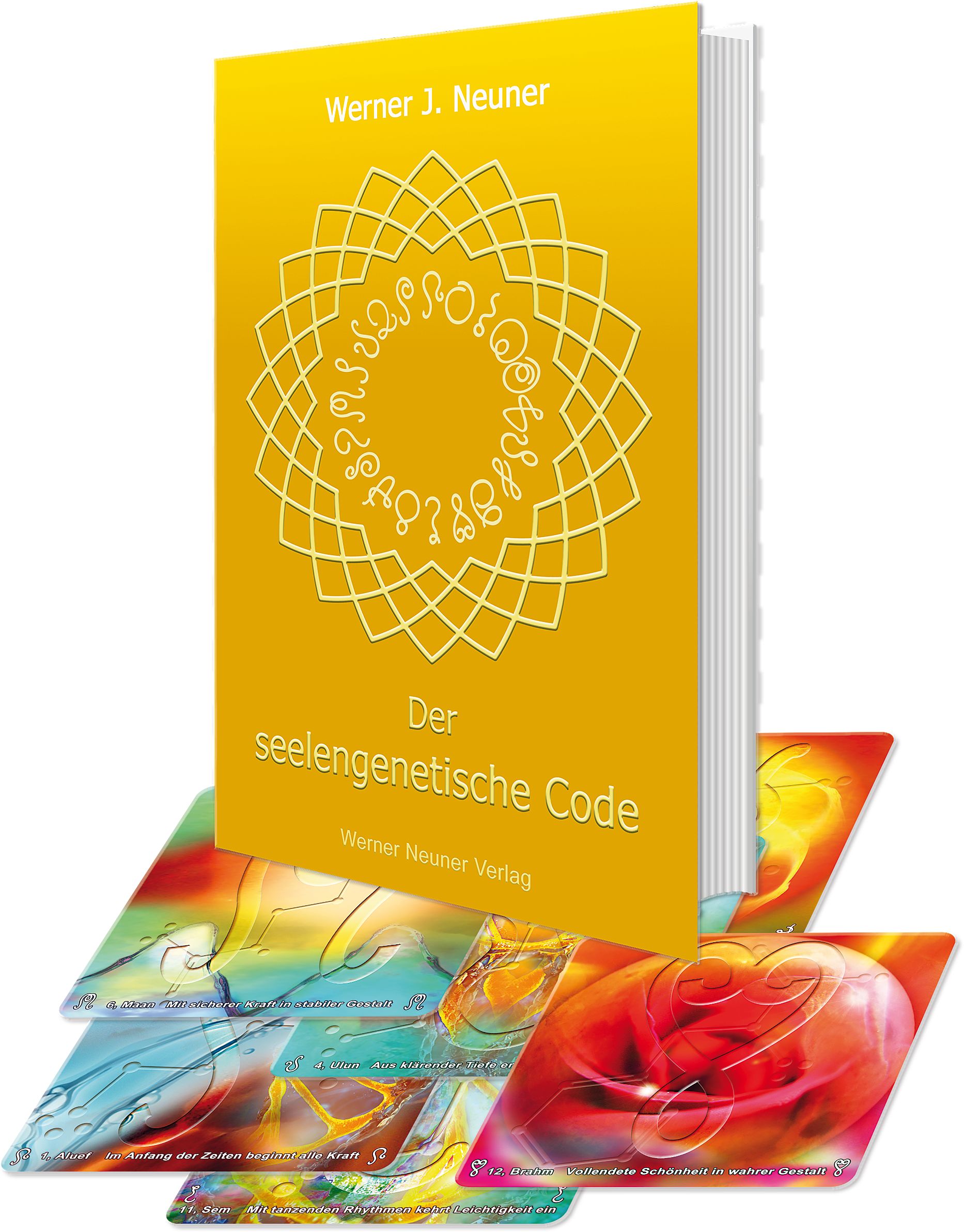 Buch mit gelbem Einband, Titel "Der seelengenetische Code". Autor: Werner J. Neuner. Darunter Karten mit farbigen Illustrationen.