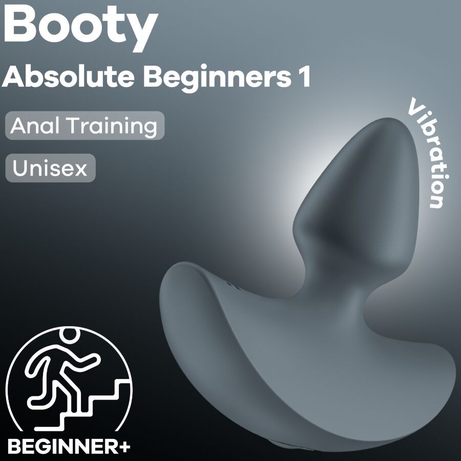 Produktabbildung von Satisfyer Booty Absolute Beginners 1. Produktname, Vibrations- und Anal Training-Hinweise.