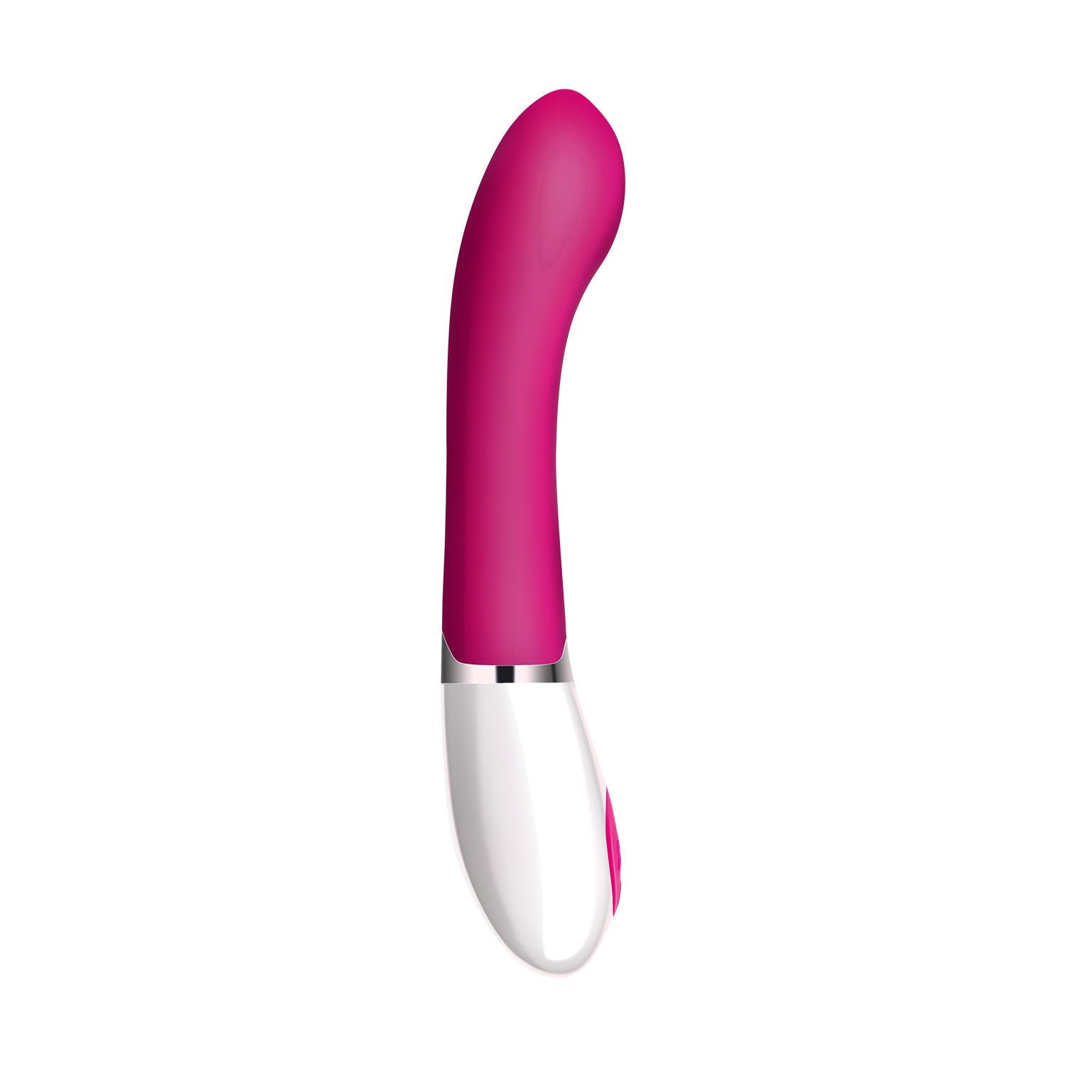 Vibrator mit pinkfarbenem Schaft und weißem Unterteil. Ein Knopf ist sichtbar.