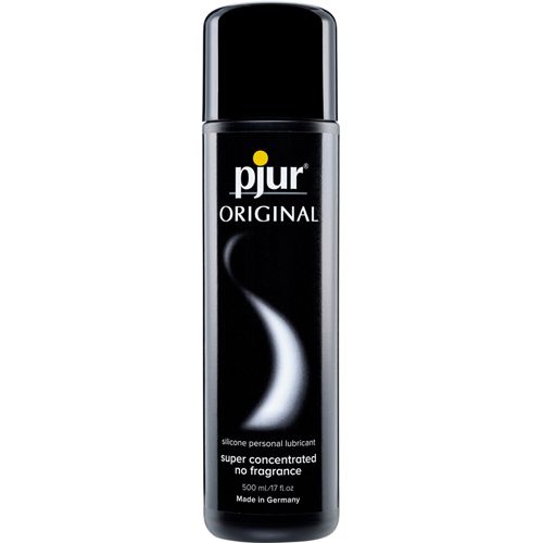 Schwarze Flasche mit schwarzem Deckel. Aufschrift: pjur ORIGINAL. Text: silicone personal lubricant, super concentrated, no fragrance. Made in Germany.