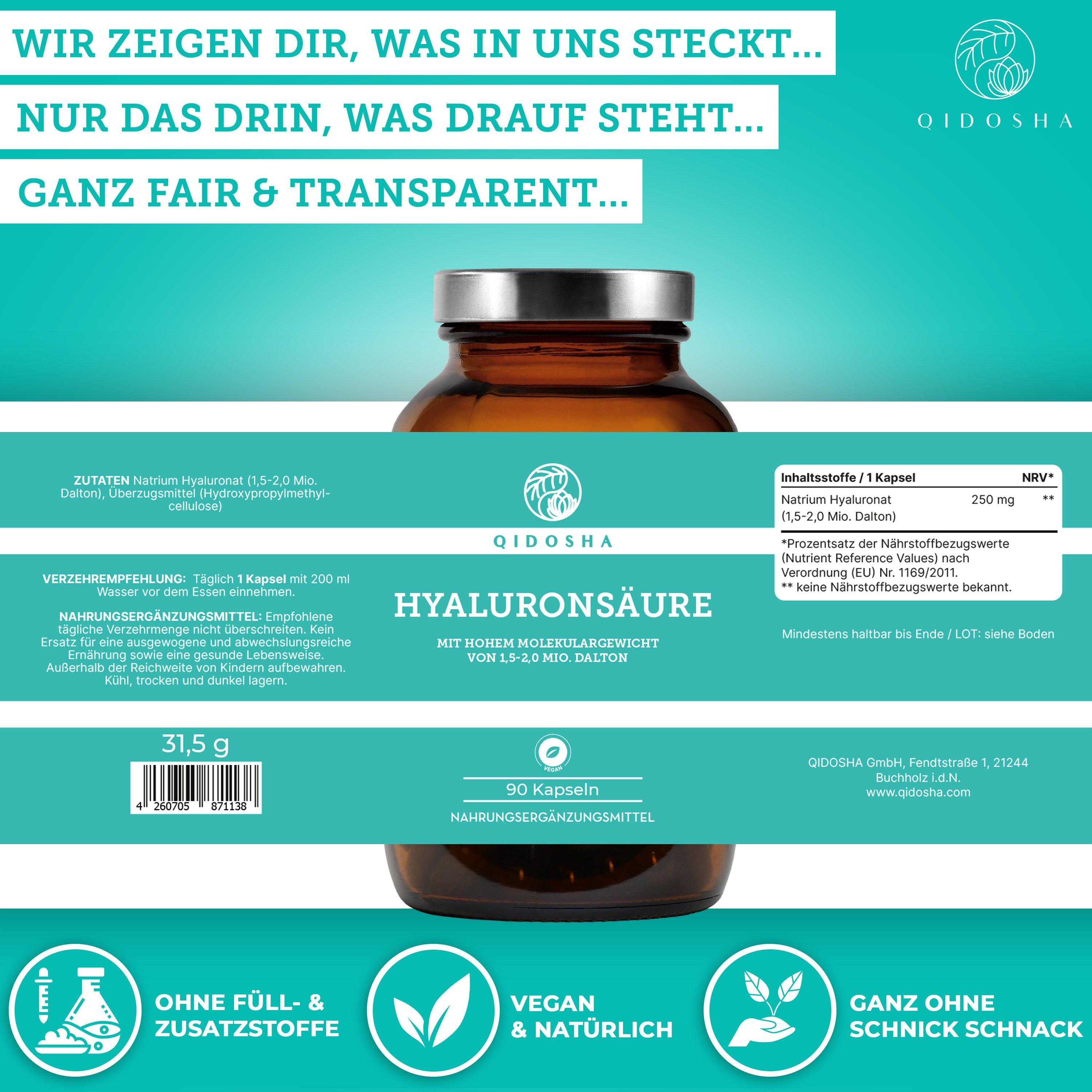 QIDOSHA Hyaluronsäure Kapseln: 90 Stück, 1,5-2,0 Mio. Dalton, 250mg pro Kapsel, vegan, ohne Zusatzstoffe.