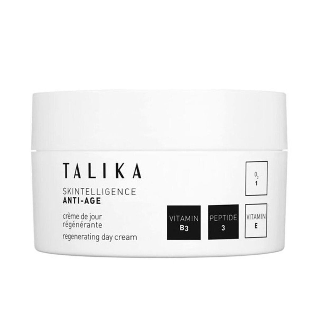 Weißer Tiegel mit Aufschrift TALIKA, SKINTELLIGENCE ANTI-AGE, Regenerating Day Cream. Enthält Vitamin B3, Peptid 3, Vitamin E.