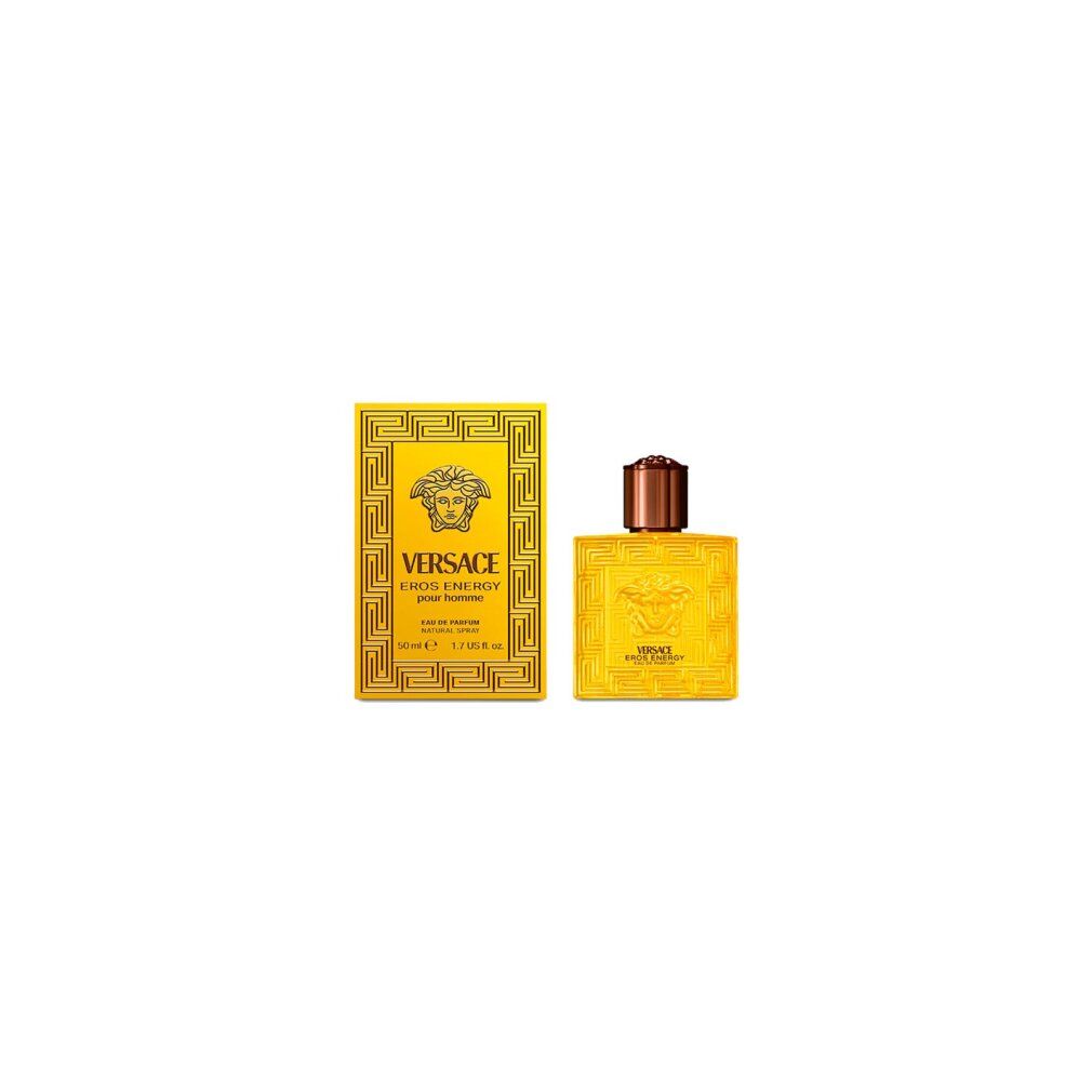 Versace Eros Energy Flakon und Verpackung. Gelb, quadratisch, mit Reliefmuster und Logo. Brauner Verschluss.
