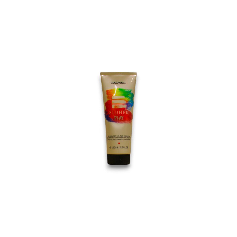 Goldwell ELUMEN PLAY Haarfarbe, Tube. Logo und Produktname sichtbar. Farbton rot. 120 ml.
