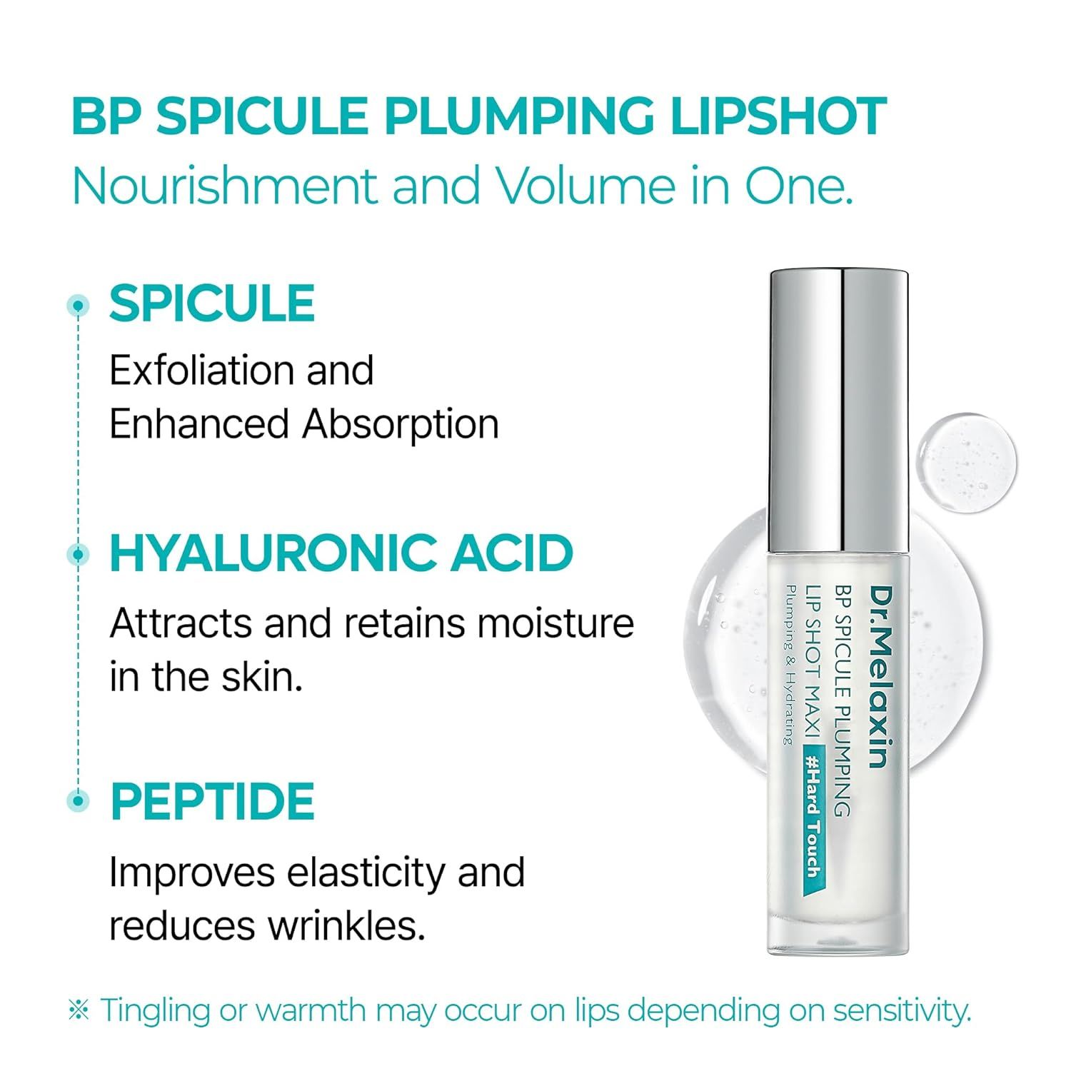 Dr. Melaxin BP Spicule Plumping Lip Shot Flasche mit silbernem Deckel. Enthält Spicule, Hyaluronsäure und Peptid.