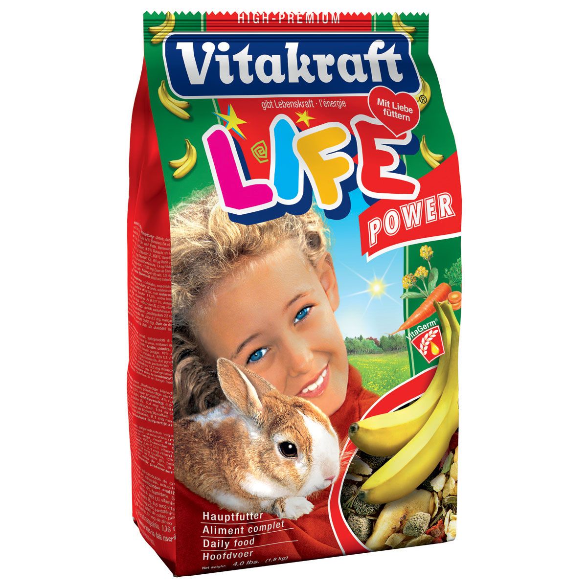 Verpackung von VITAKRAFT Life Power für Zwergkaninchen. Kind mit Kaninchen, Bananen und Schriftzug.