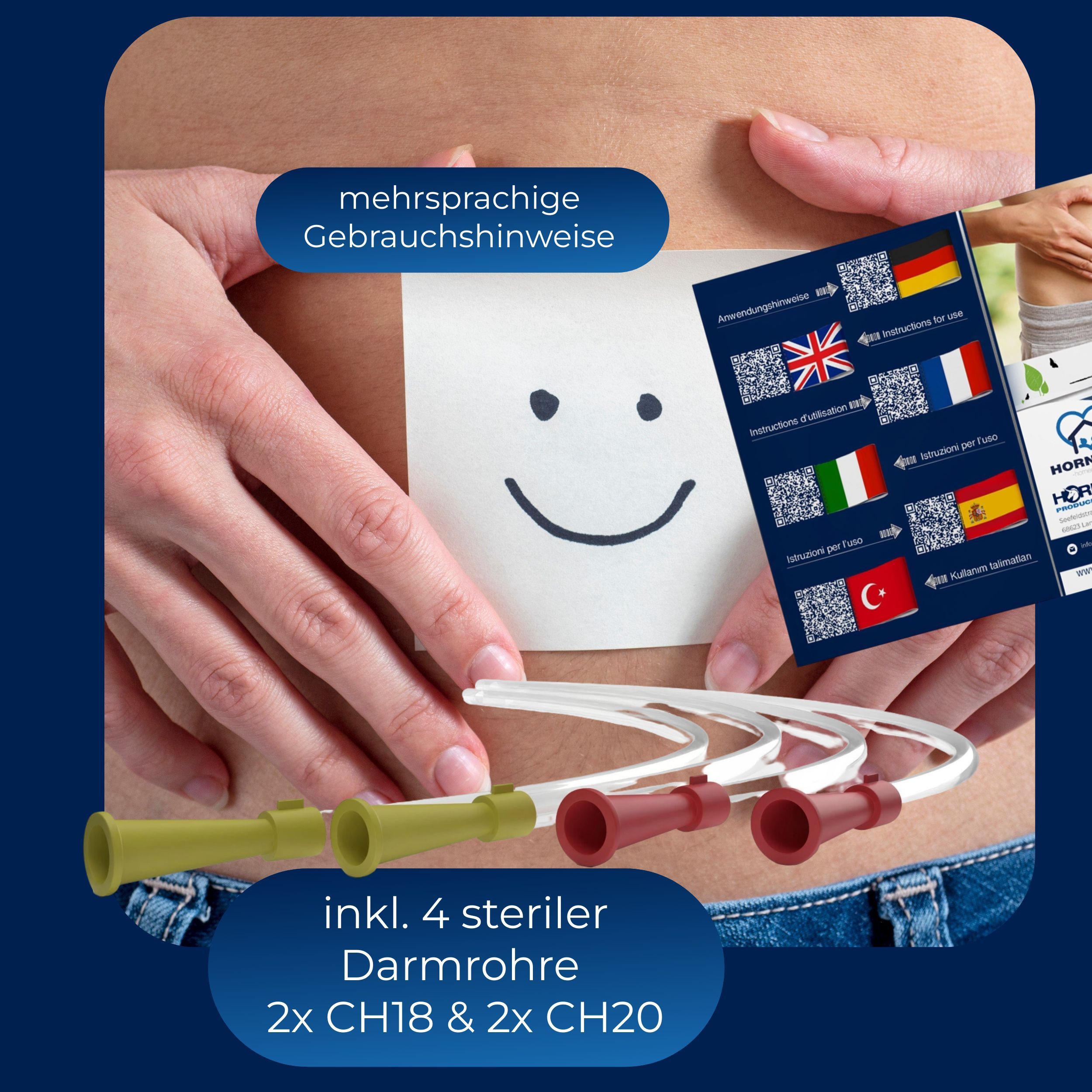 Set mit 4 sterilen Darmrohren. Mehrsprachige Gebrauchshinweise. Abbildung eines Bauches mit Smiley.