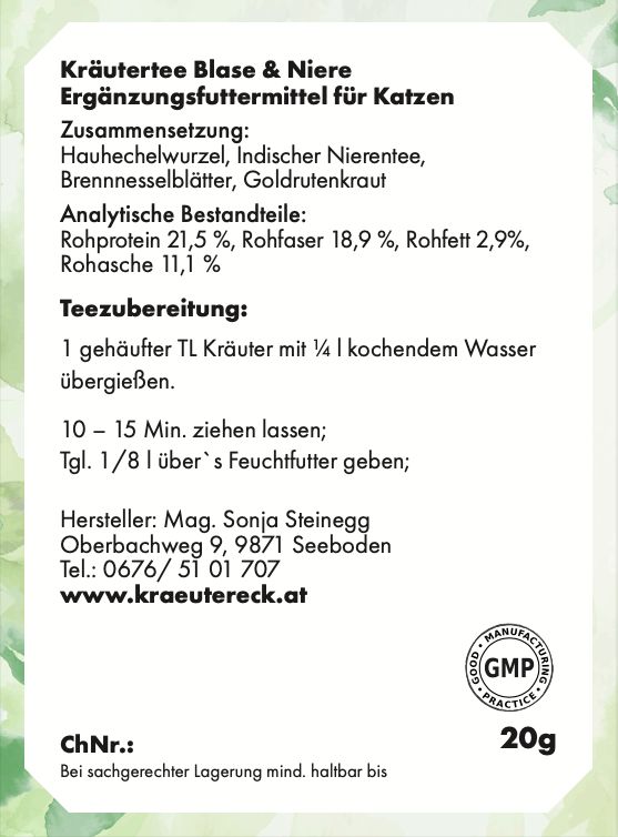 Nahaufnahme der Produktinformationen auf einem Etikett. Text über Inhaltsstoffe, Analyse und Zubereitung. GMP-Siegel.