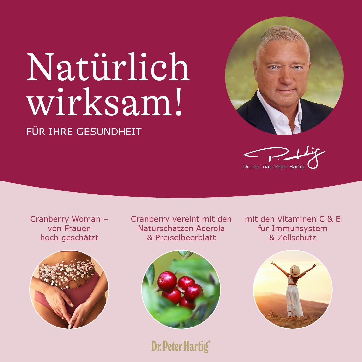 Werbeplakat mit Mann, Text und Bildern. Text: "Natürlich wirksam! Für Ihre Gesundheit". Bilder: Frau, Cranberrys, Frau am Strand.