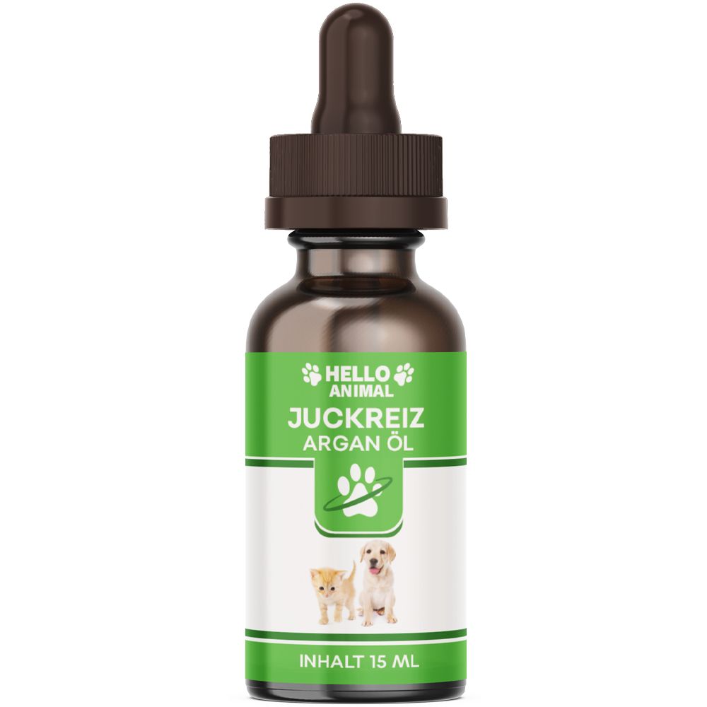 Braune Glasflasche mit Tropfer. Etikett mit "Hello Animal" und "Juckreiz Argan Öl". Abbildung von Hund und Katze. Inhalt 15 ml.